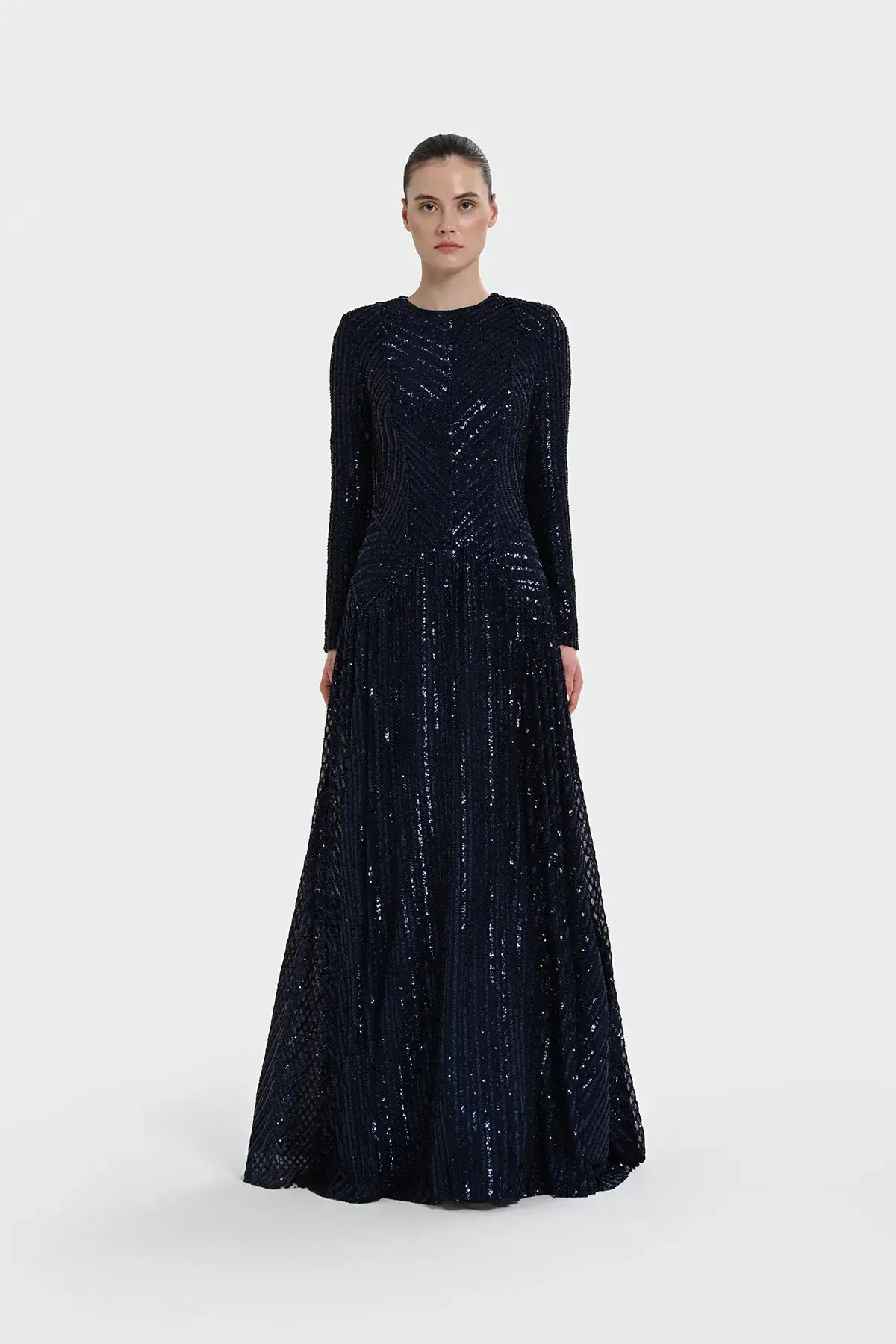 Chevron Sequin Evening Gown - Navy