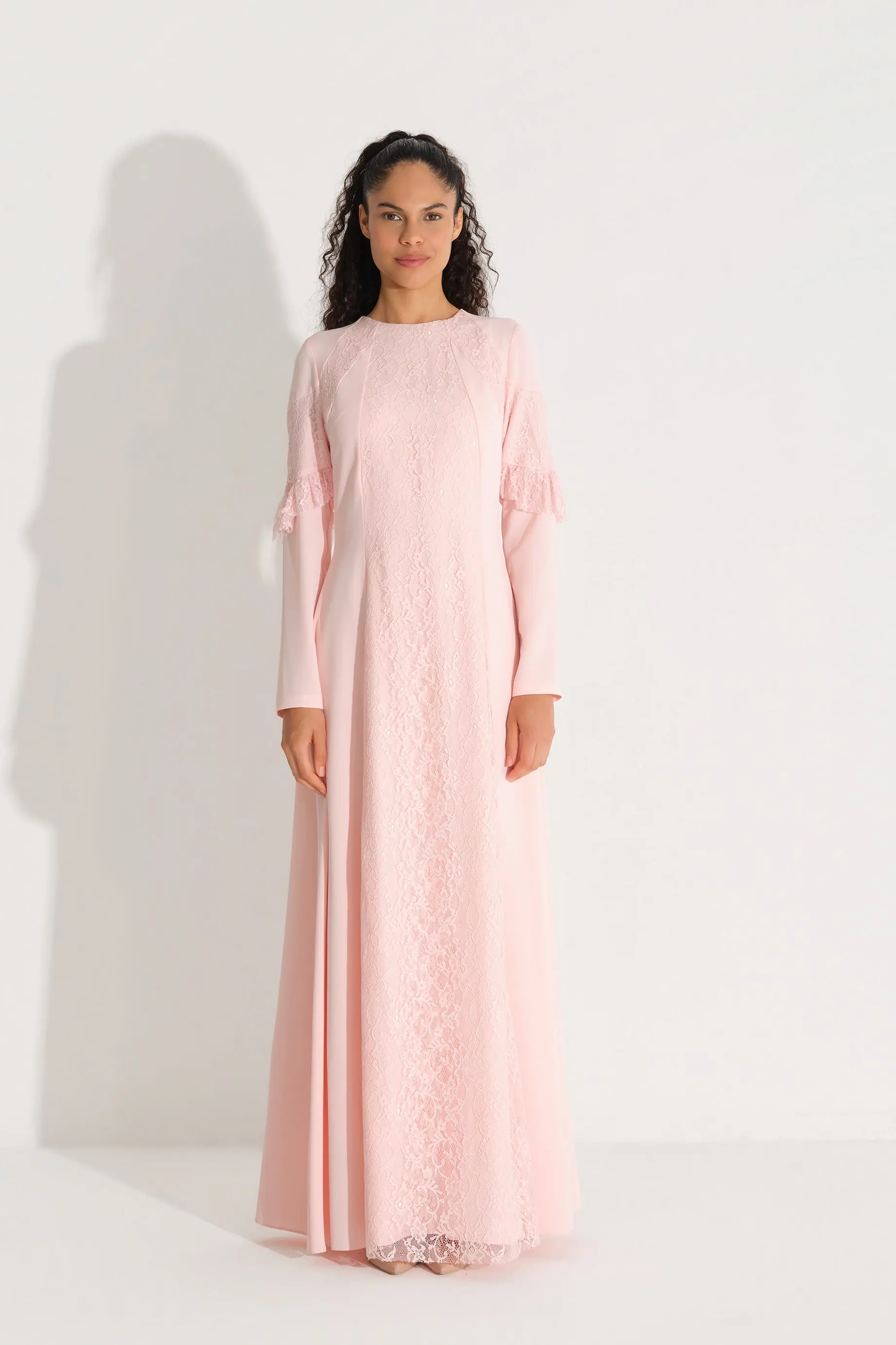 Lace Panel Crepe Dress – Pink
