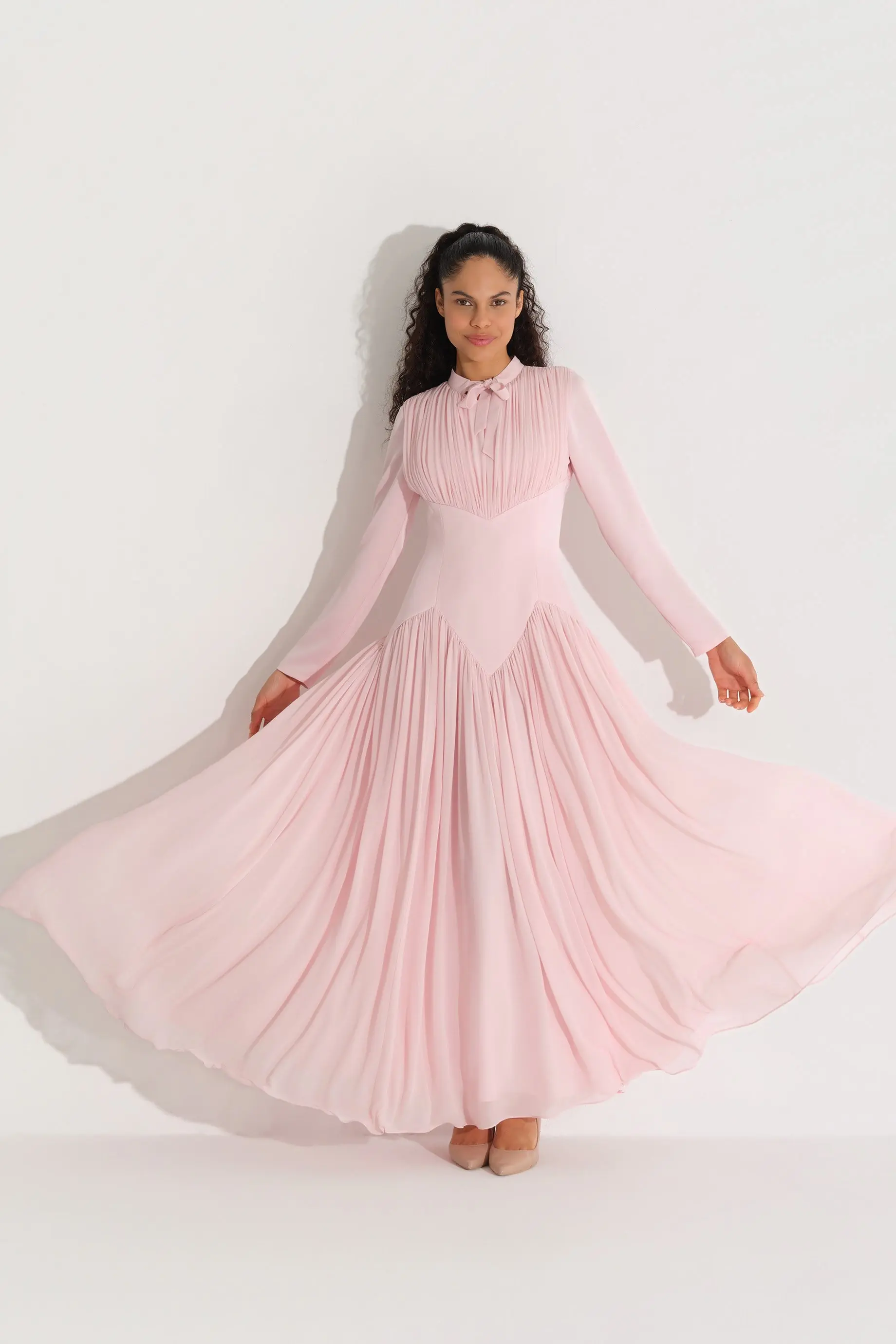 Bow-Neck Corset-Detail Chiffon Dress with Long Sleeves - Pink, photo 2
