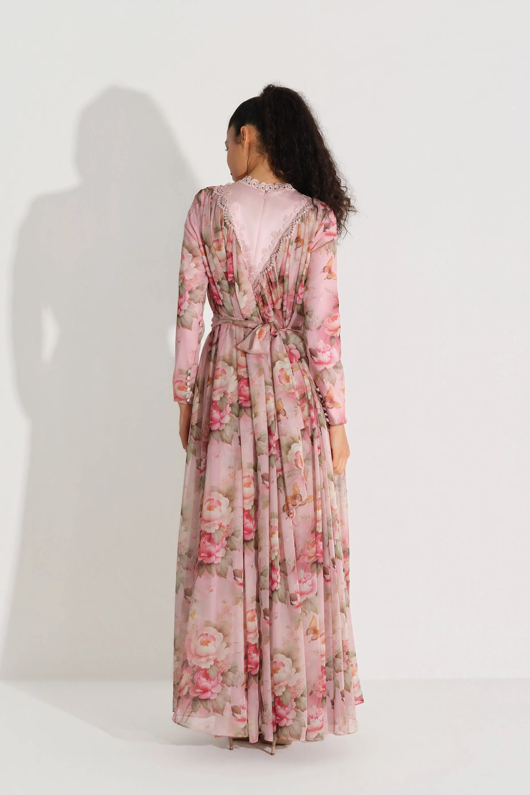 V-Neck Lace Detail Chiffon Dress – Pink, photo 5