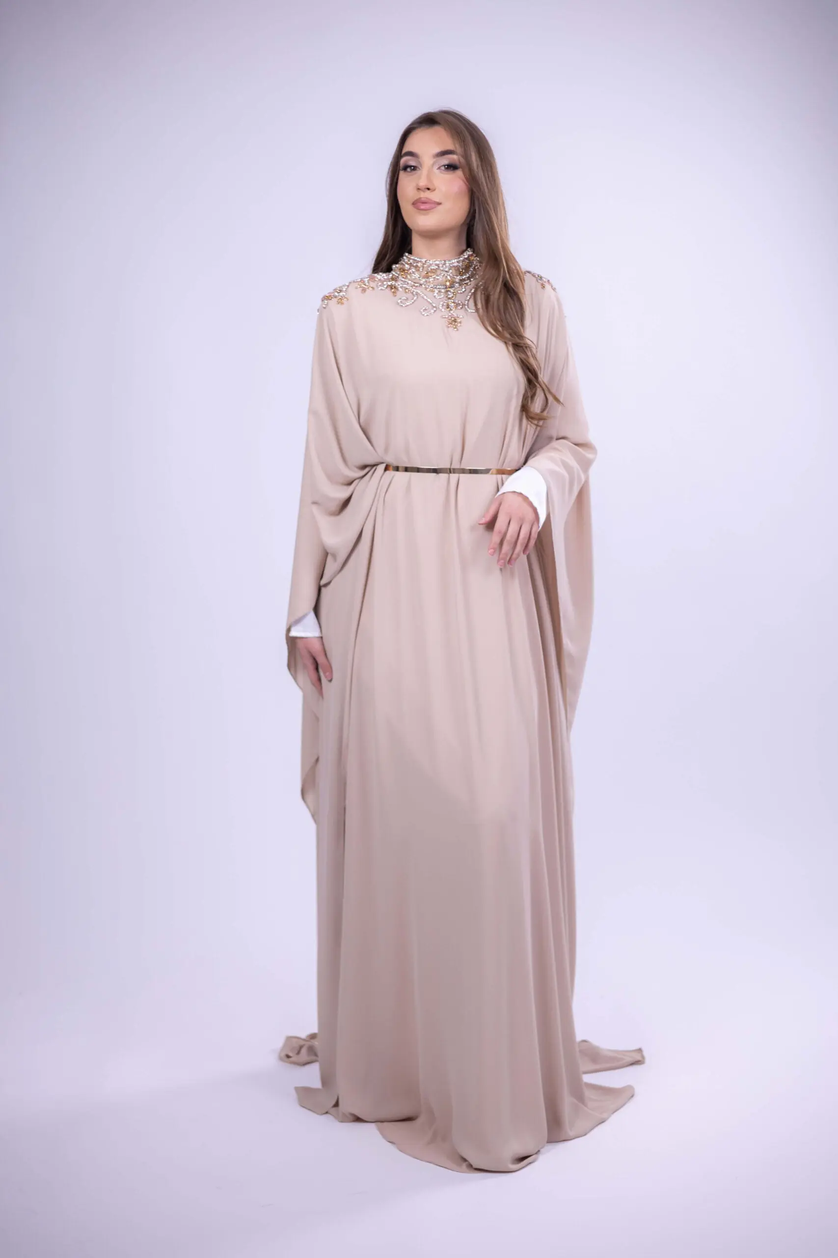 Velvet Moon Embellished Abaya – Beige