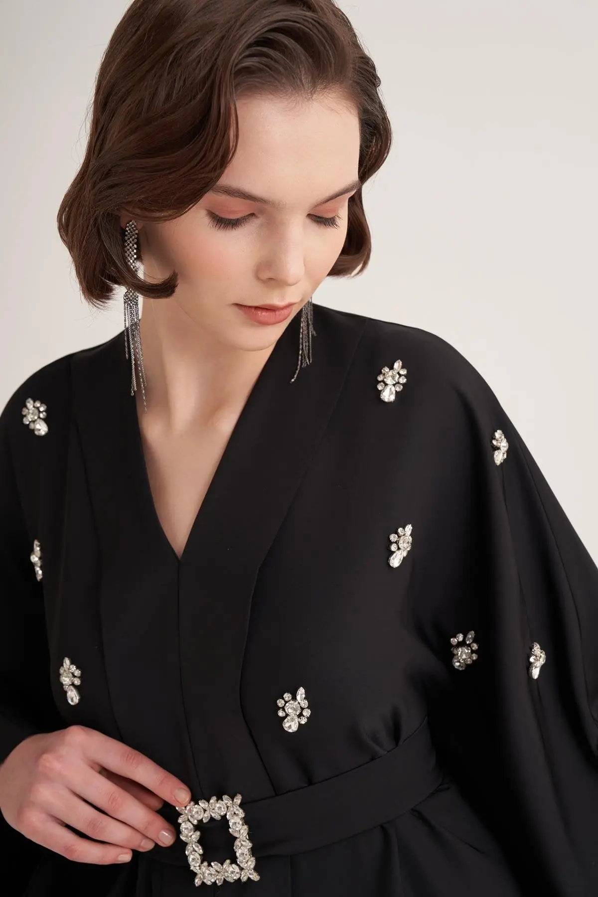 Selena Embellished Belted Evening Kaftan – Black, photo 3