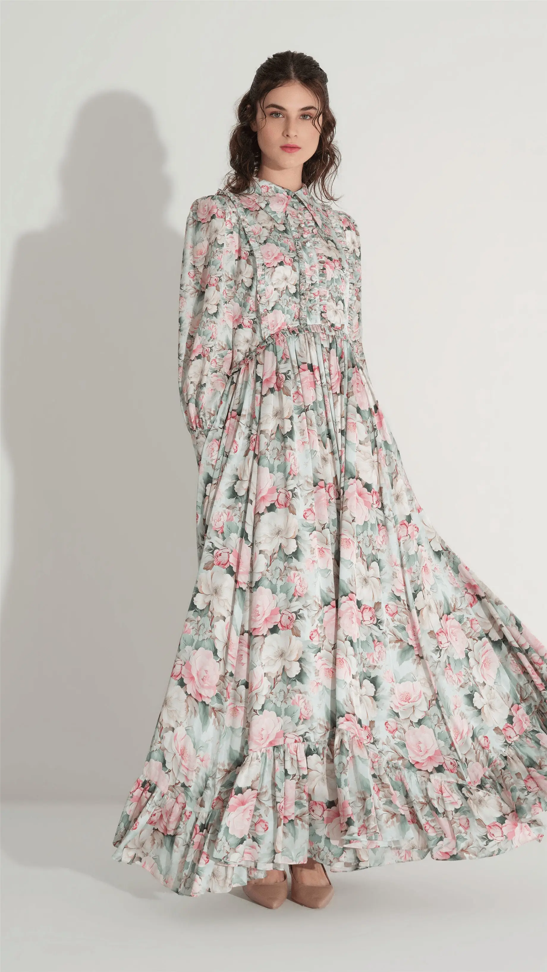 Floral Satin Tiered Dress – Mint, photo 3