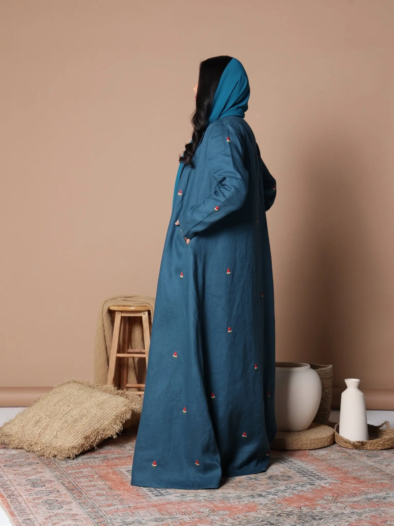 Watermelon Linen Abaya Teal blue, photo 2