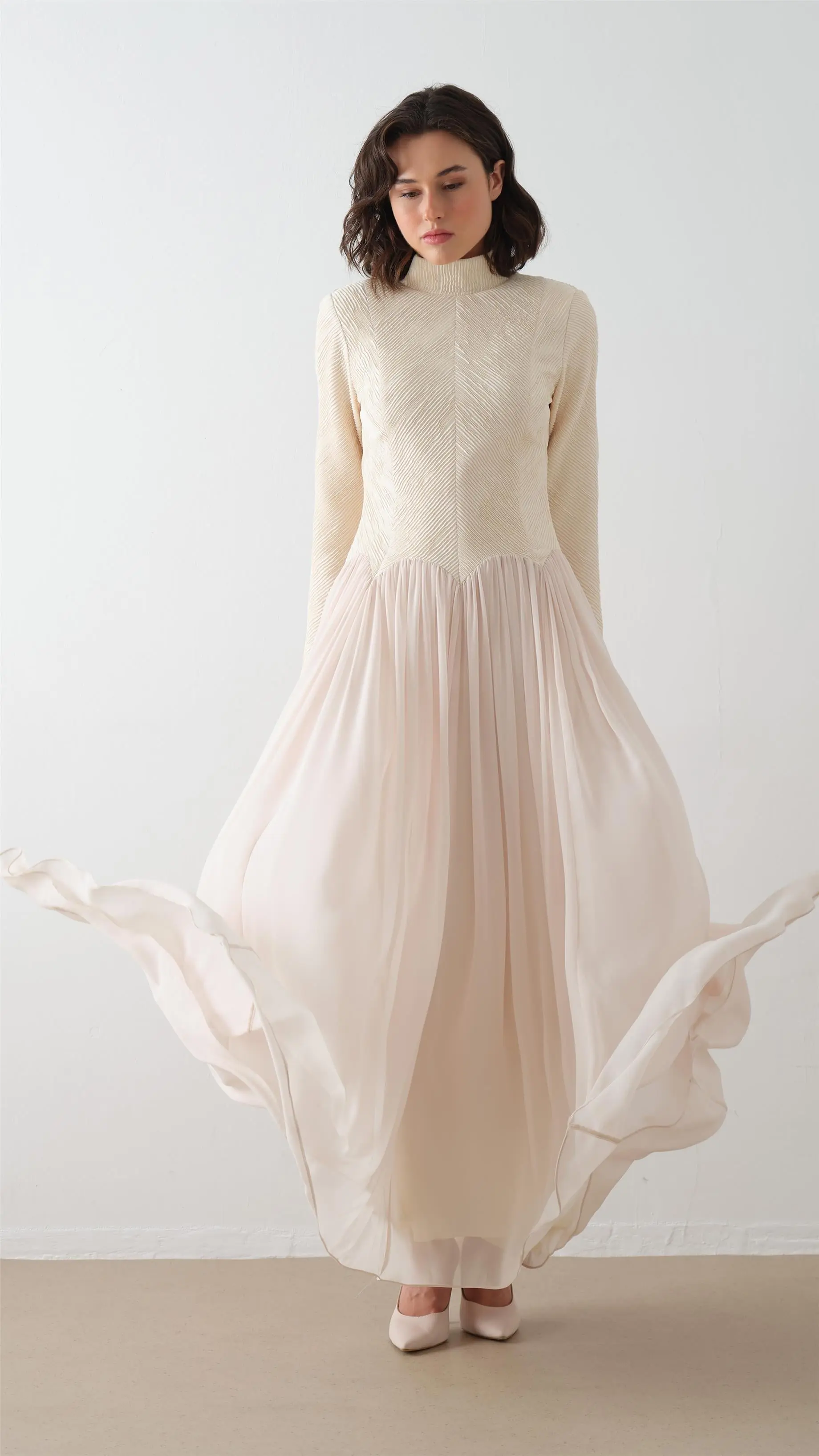 Turtleneck Crepe Chiffon Maxi Dress – Ecru, photo 3