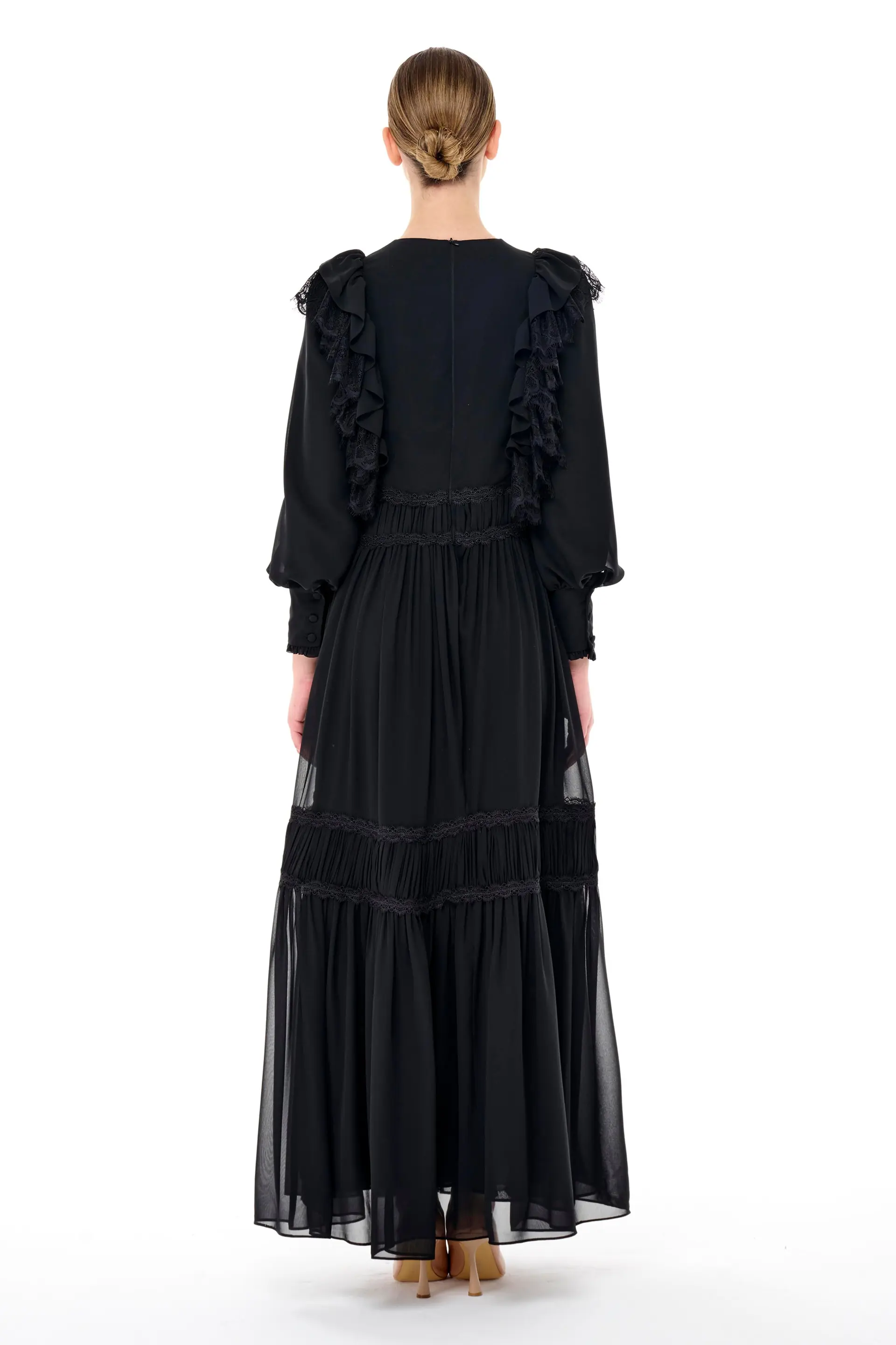 Lace Trim Gathered Tiered Dress – Black, photo 4