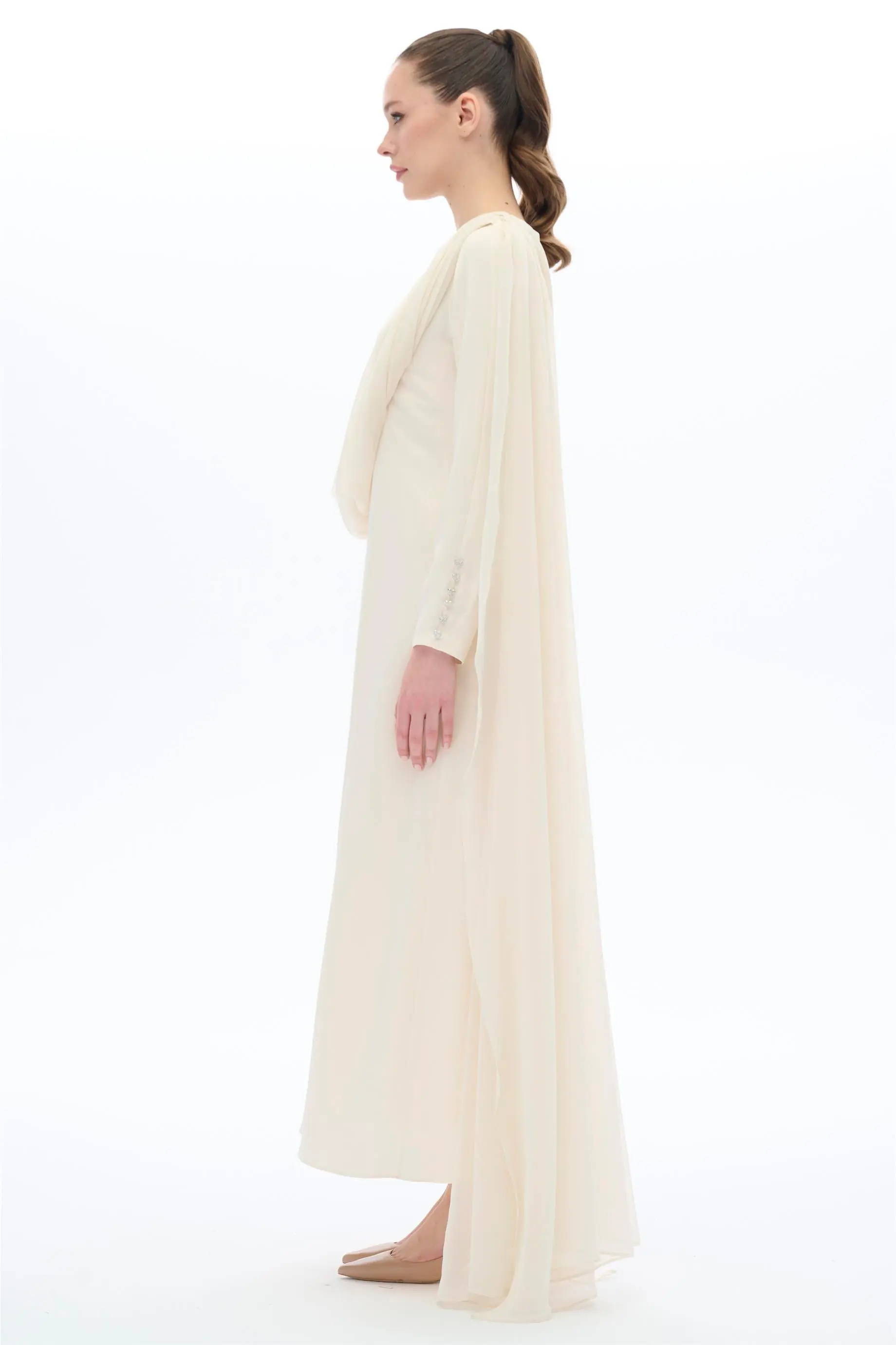 Ecru One-Shoulder Cape Detail Maxi Dress, photo 3