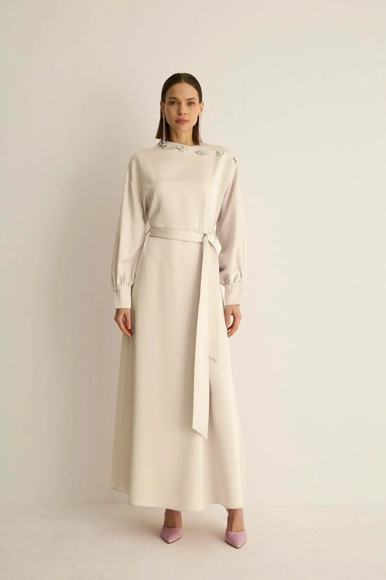 Oriana Embellished Shoulder Dress – Stone