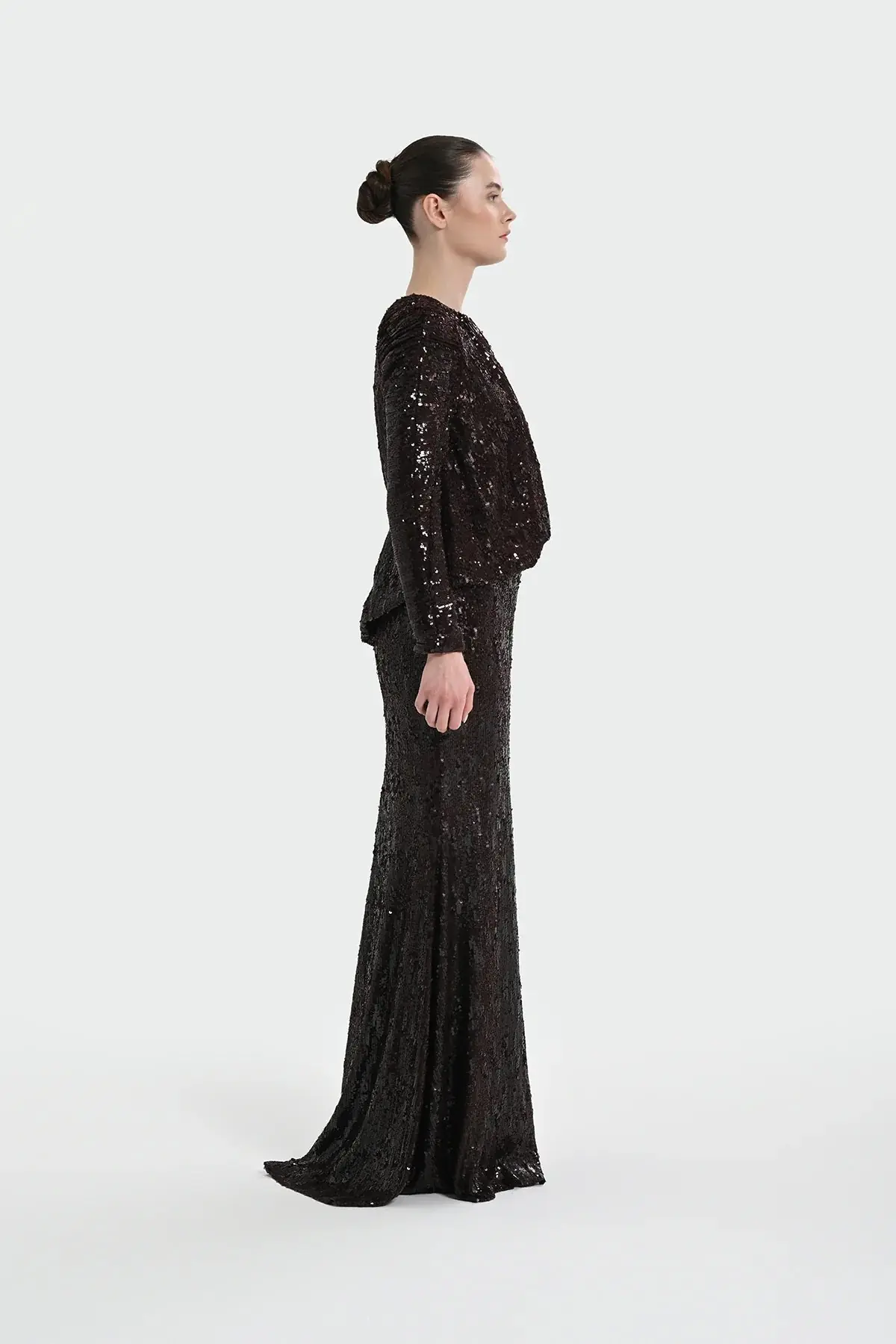 Sequin Long-Sleeve Formal Set with Draped Detail - Brown, photo 3