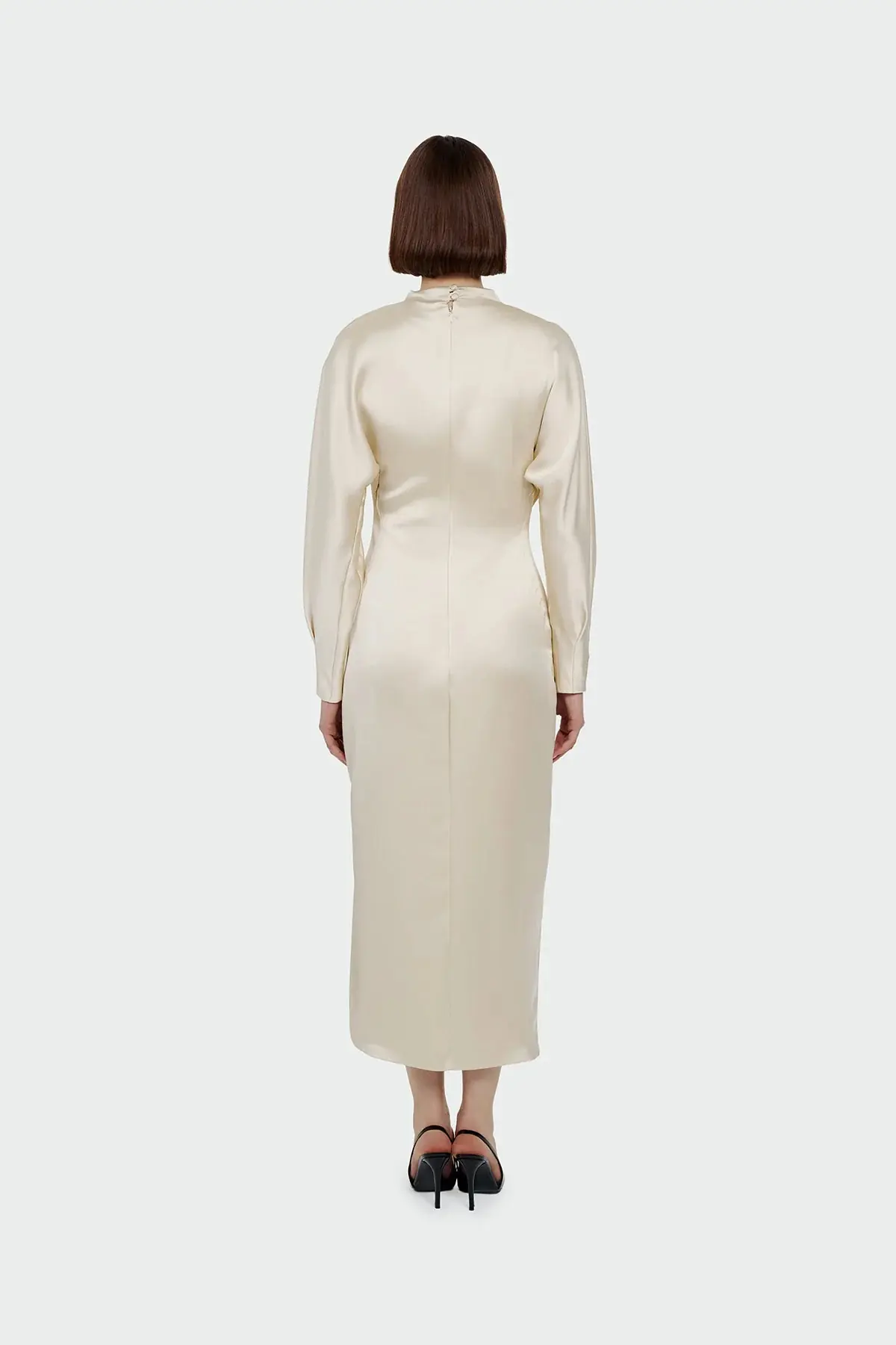 Ruched Waist Satin Midi Dress - Cream, photo 4