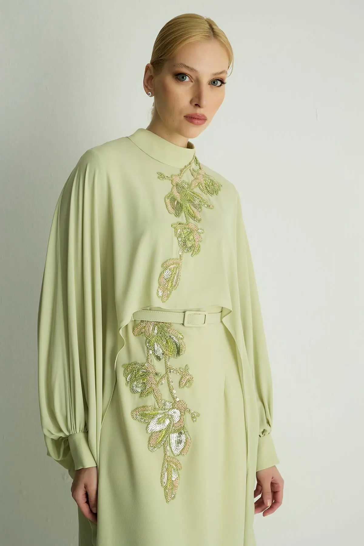 Petunia Embellished Cape Dress – Pastel Green, photo 3