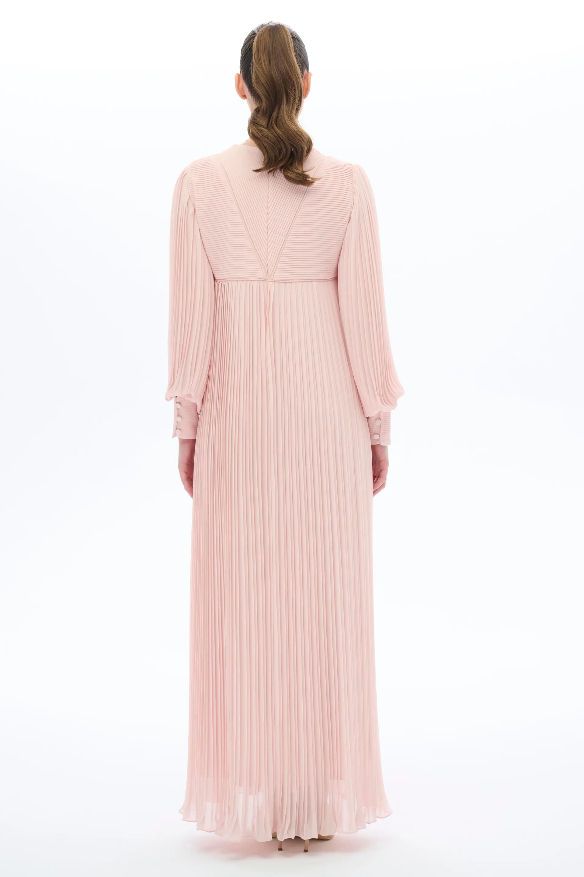 Pleated V-Front Romantic Dress – Powder Pink, photo 4