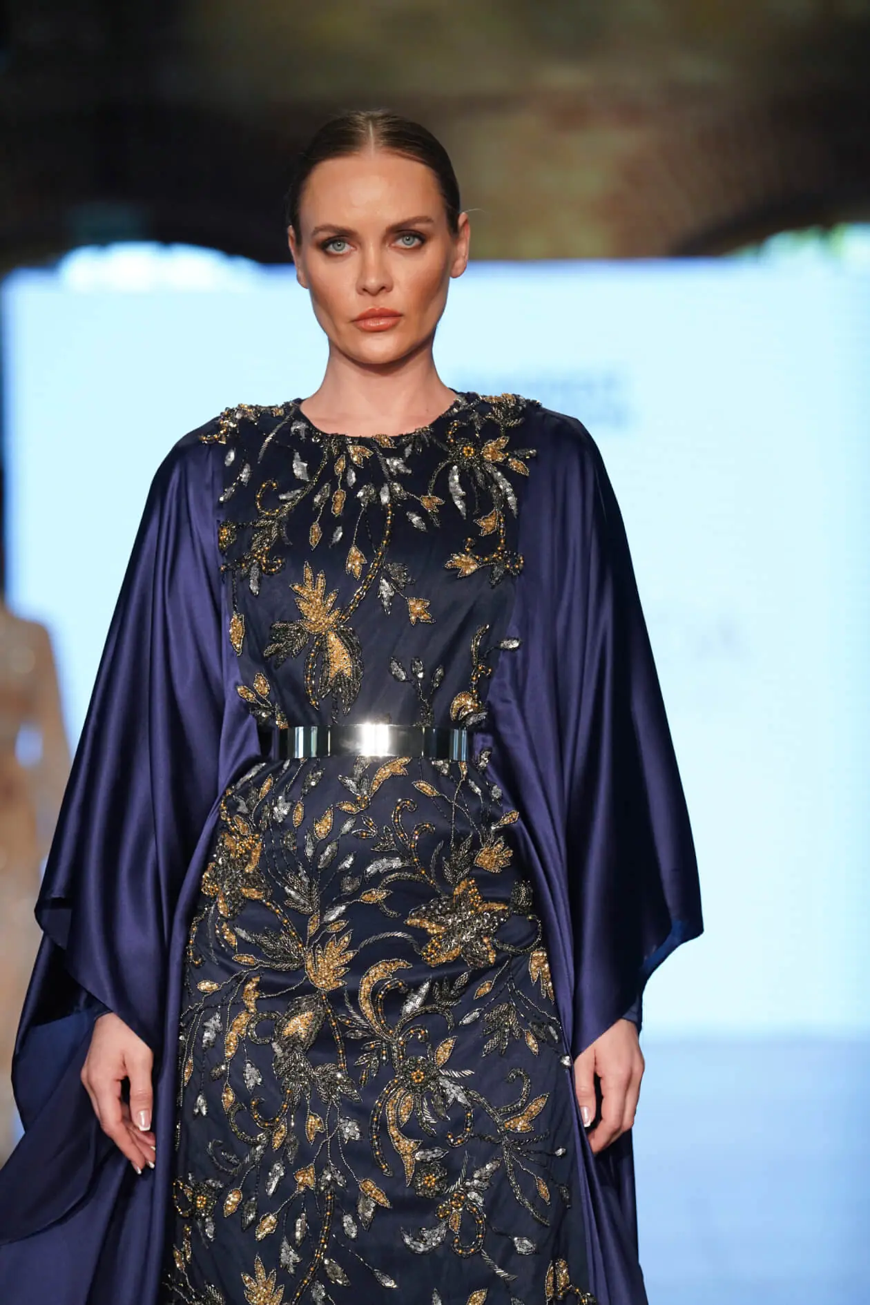 Model 15 Balcanian Embroidered Silk Abaya Gown – Navy, photo 2