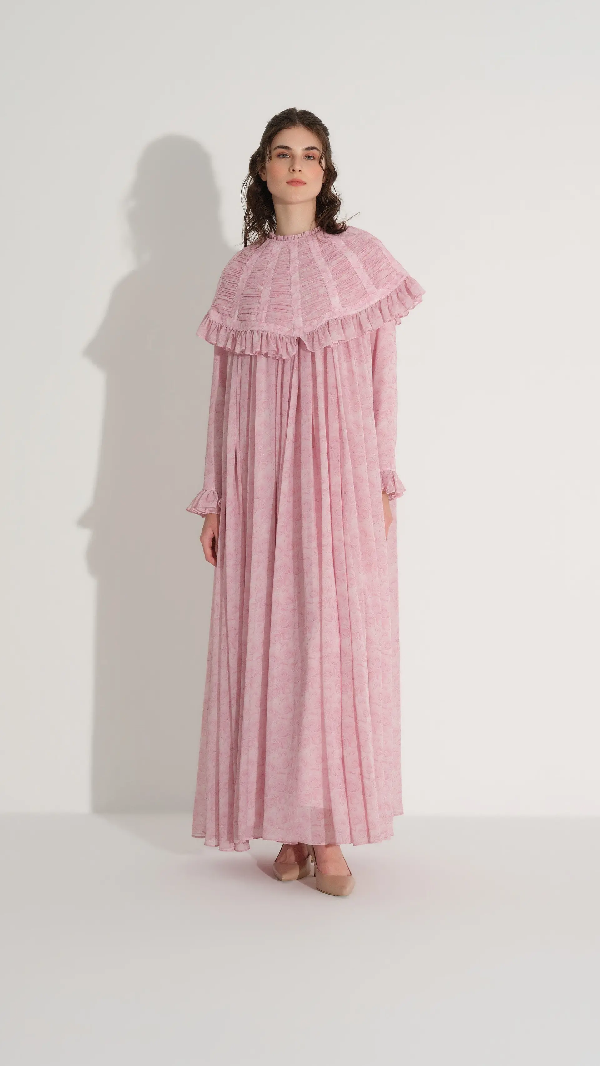 Chiffon Dress with Detachable Cape Pink