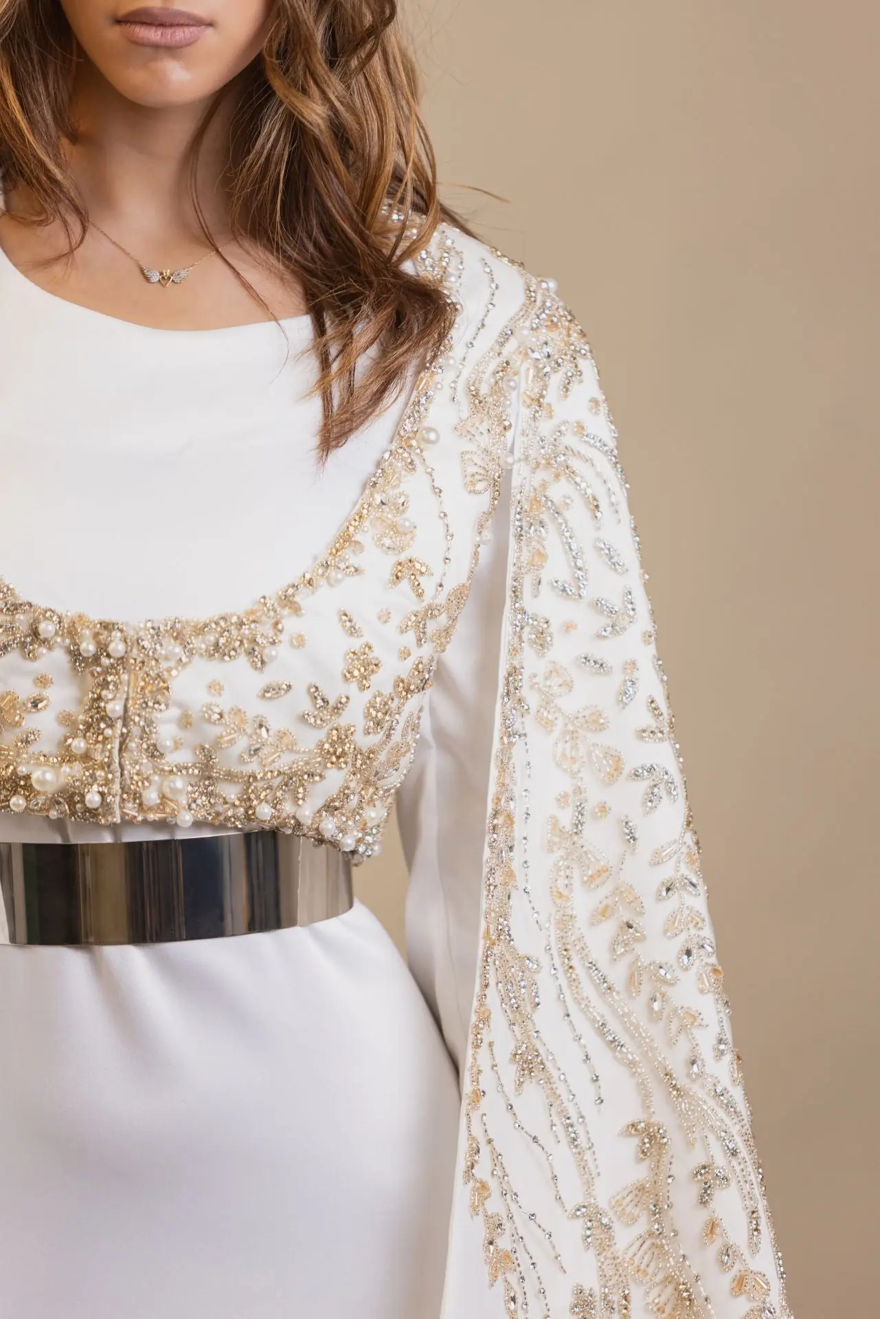 Astral Veil Embellished Satin Kaftan – Ivory, photo 2