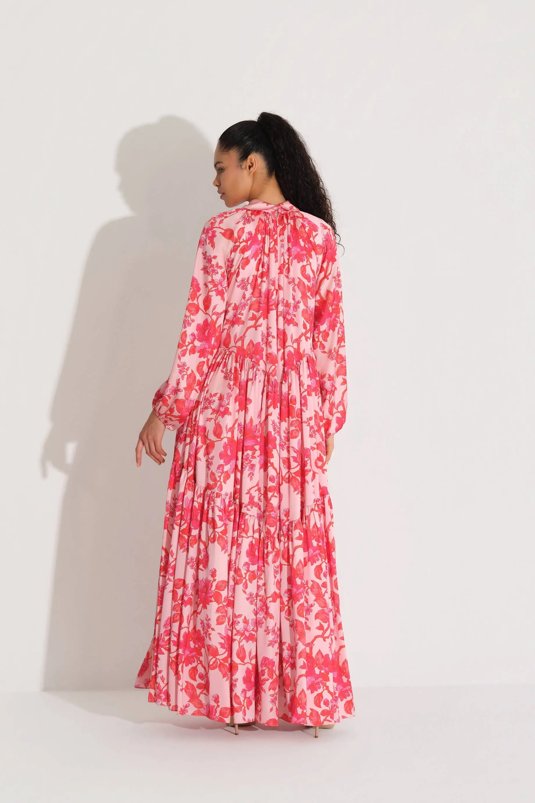 Bow-Neck Floral Satin Chiffon Dress – Red, photo 6