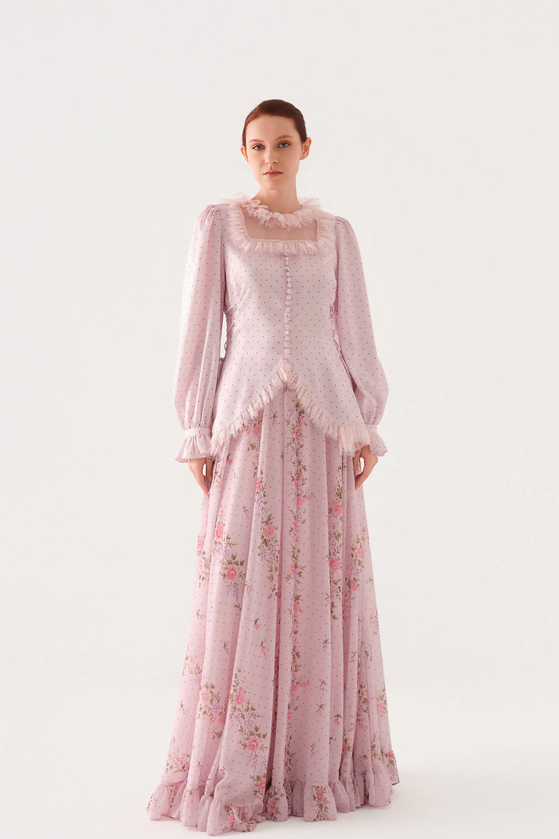 Polka-Dot Lace-Trim Blouse and Chiffon Skirt Set – Pink