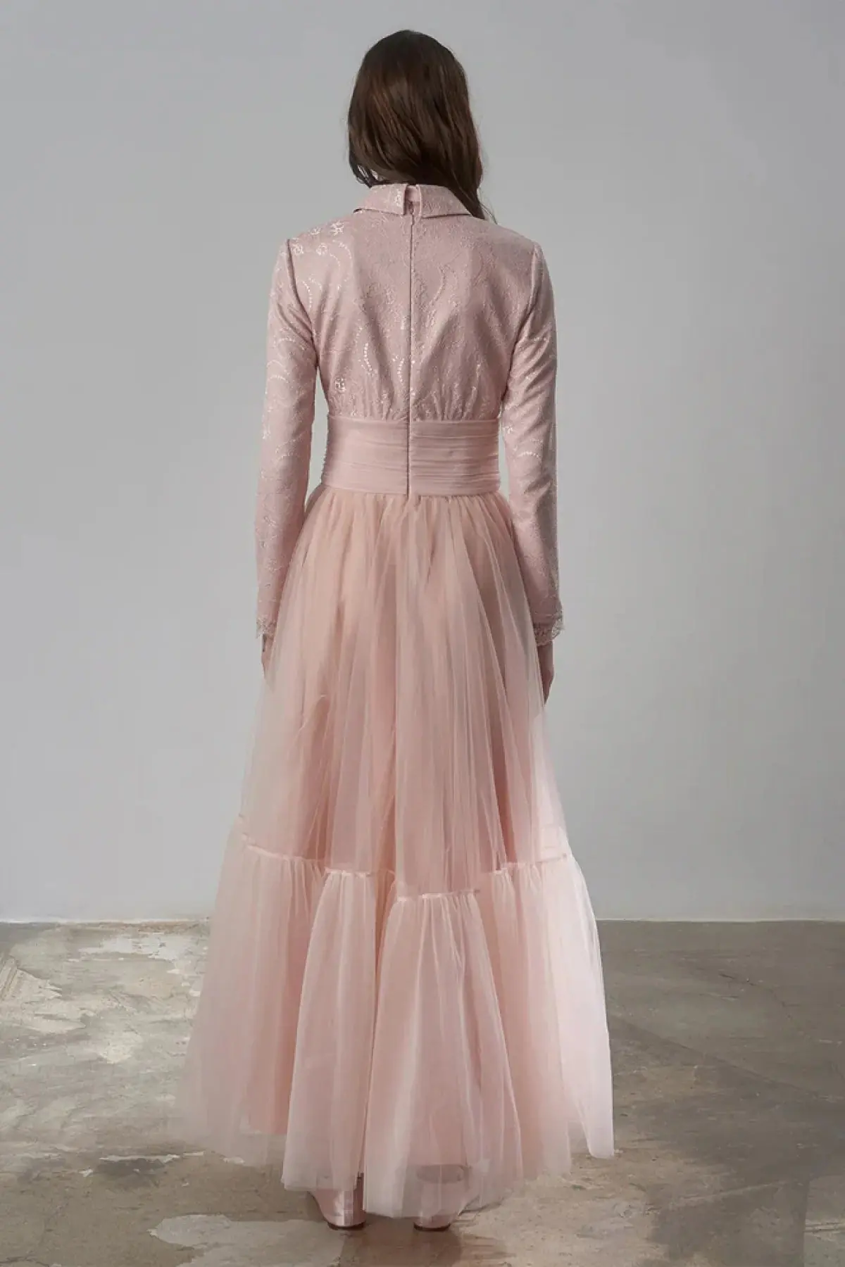 Drape Detailed Tulle Skirt Evening Gown – Powder, photo 5