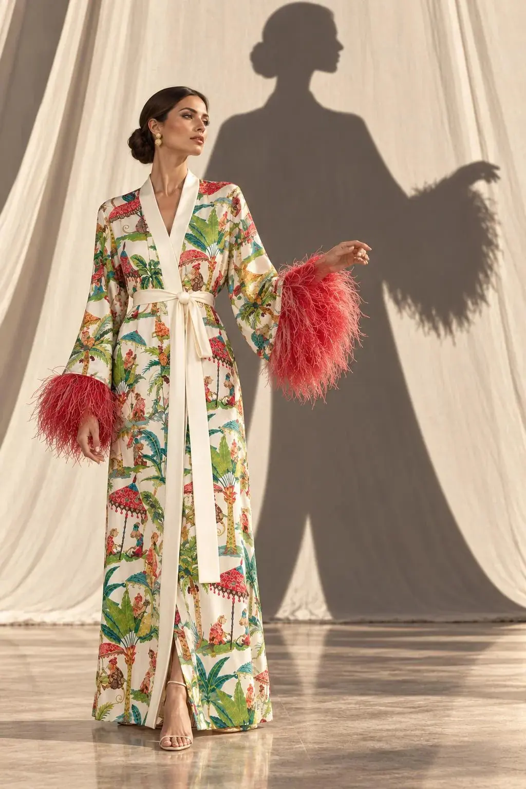 Coco Feather-Trimmed Kimono - Ivory & Red, photo 3