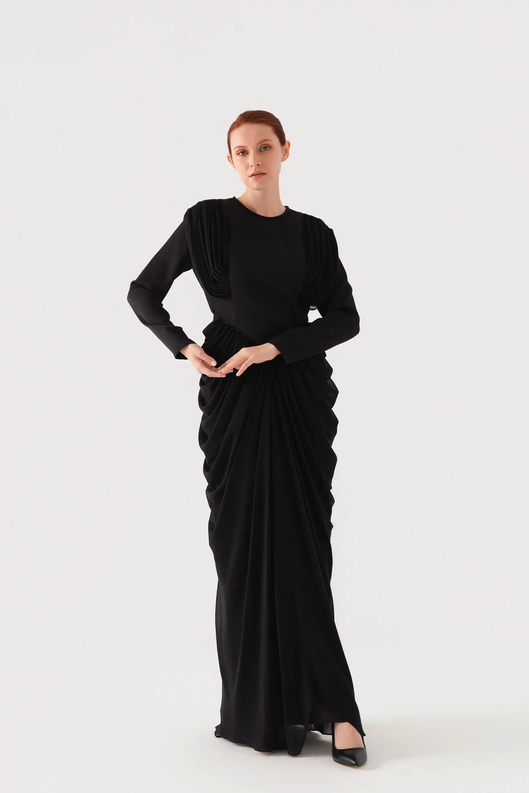 Draped-Shoulder Corset-Detail Evening Maxi Dress – Black, photo 5