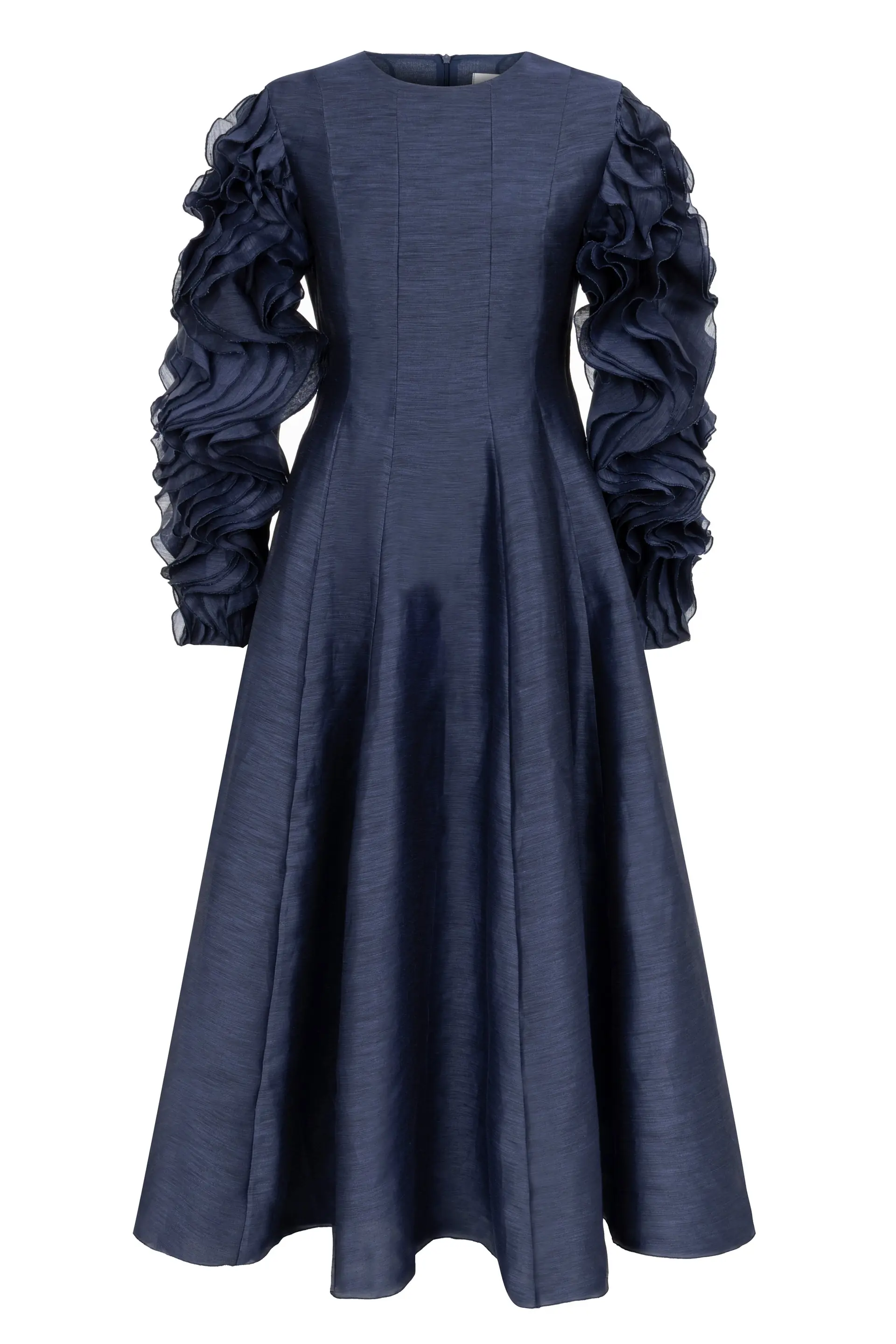 Silk-Linen Dress with Sculptural Ruffle Sleeves - Indigo, photo 2