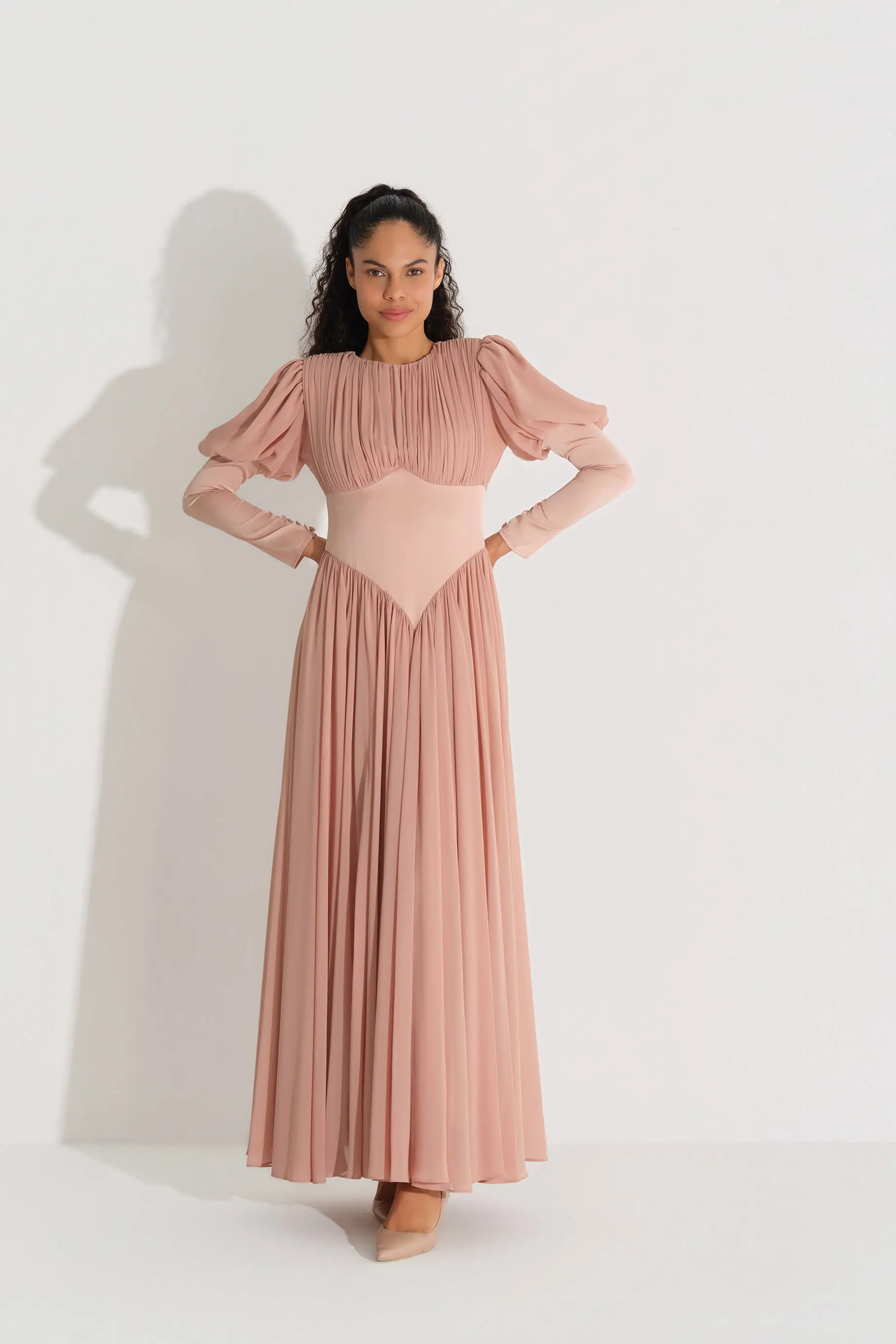 V-Neck Corset-Waist Chiffon Dress – Brown, photo 4