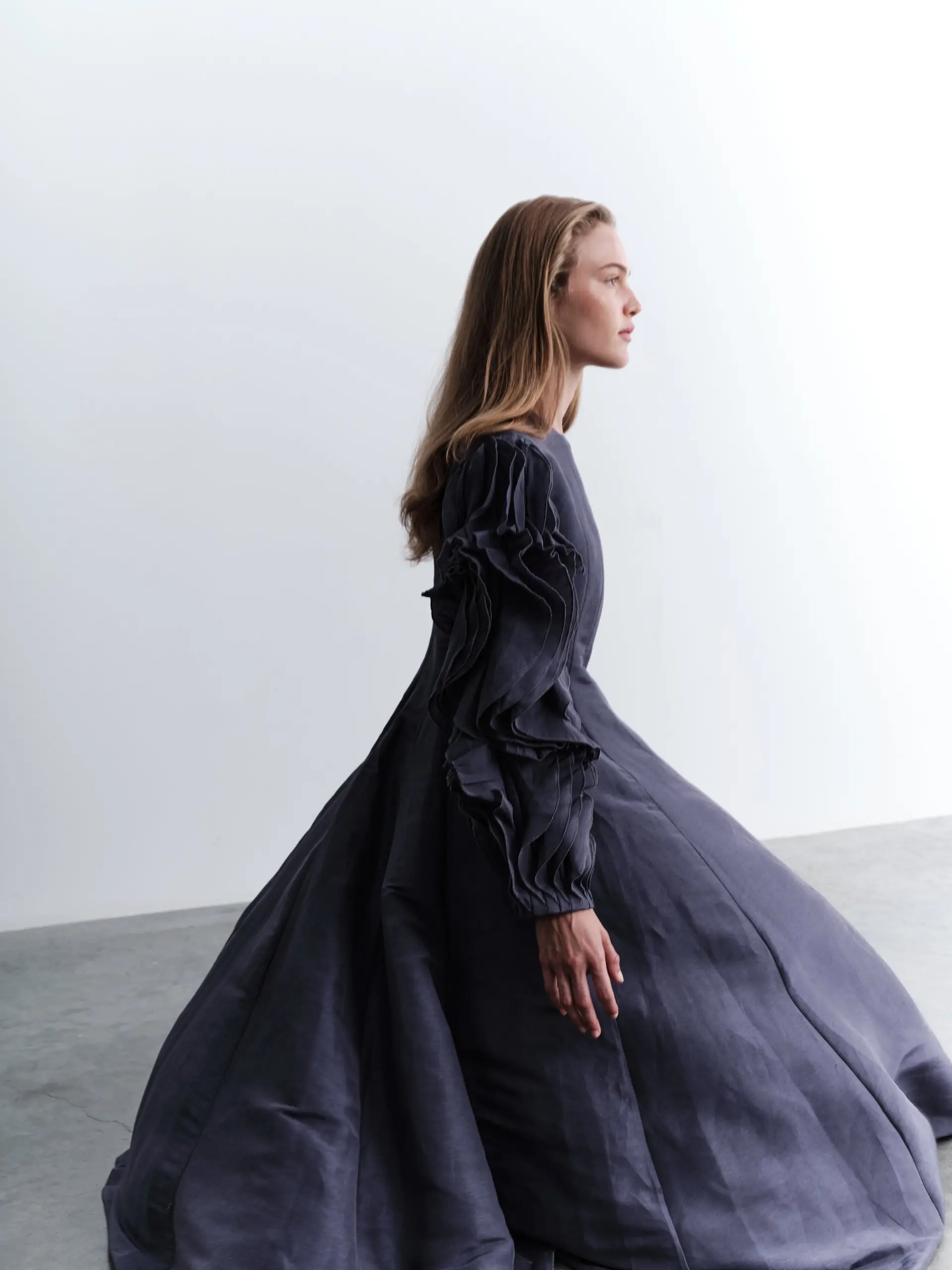Silk-Linen Dress with Sculptural Ruffle Sleeves - Indigo