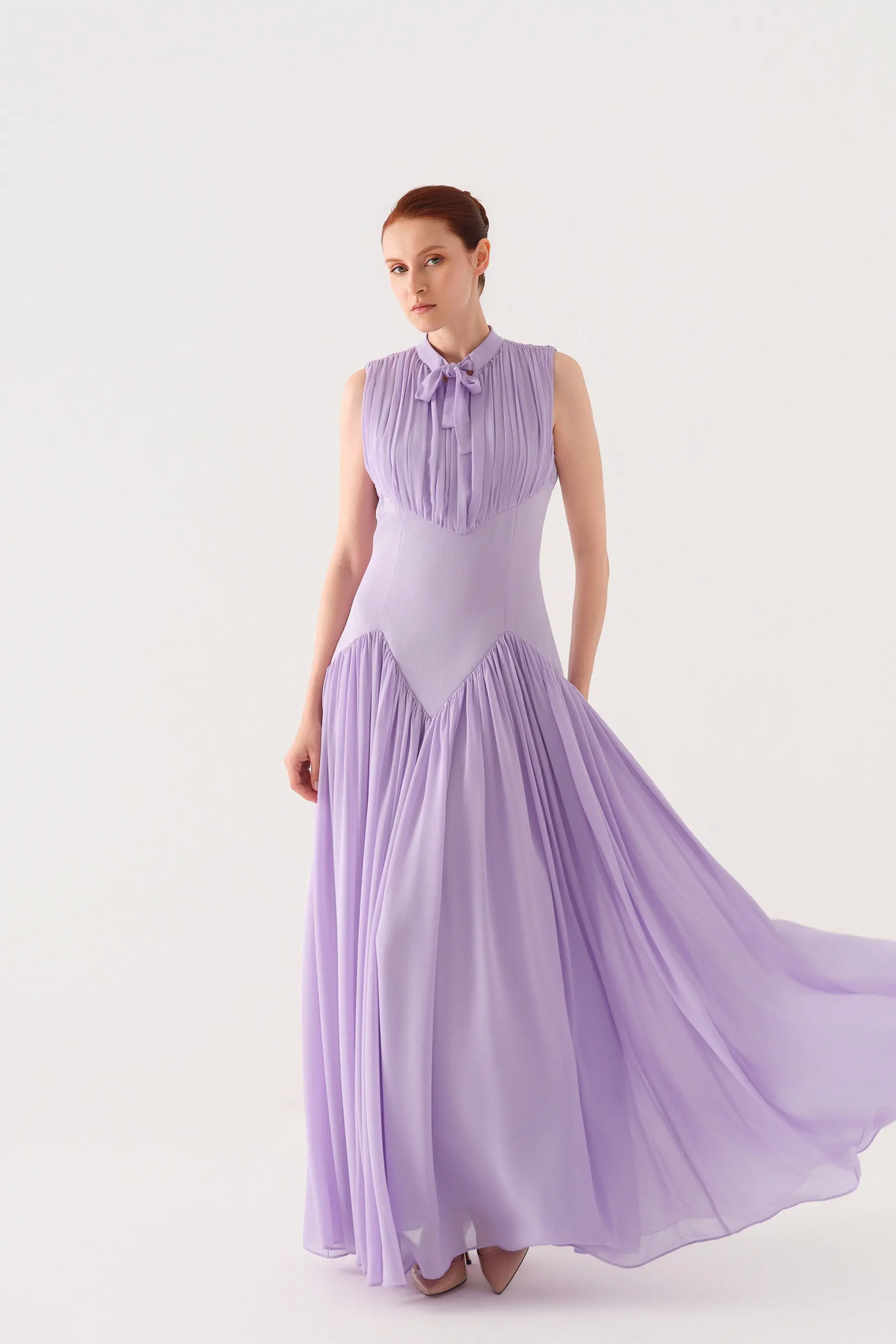Sleeveless Bow-Neck Corset-Detail Chiffon Crepe Maxi Dress – Lilac, photo 3