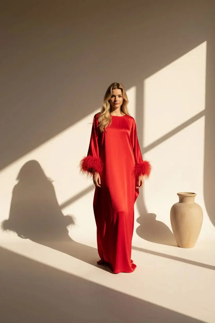 Abito Azzurra Feather-Trimmed Maxi Kaftan Dress – Red, photo 2