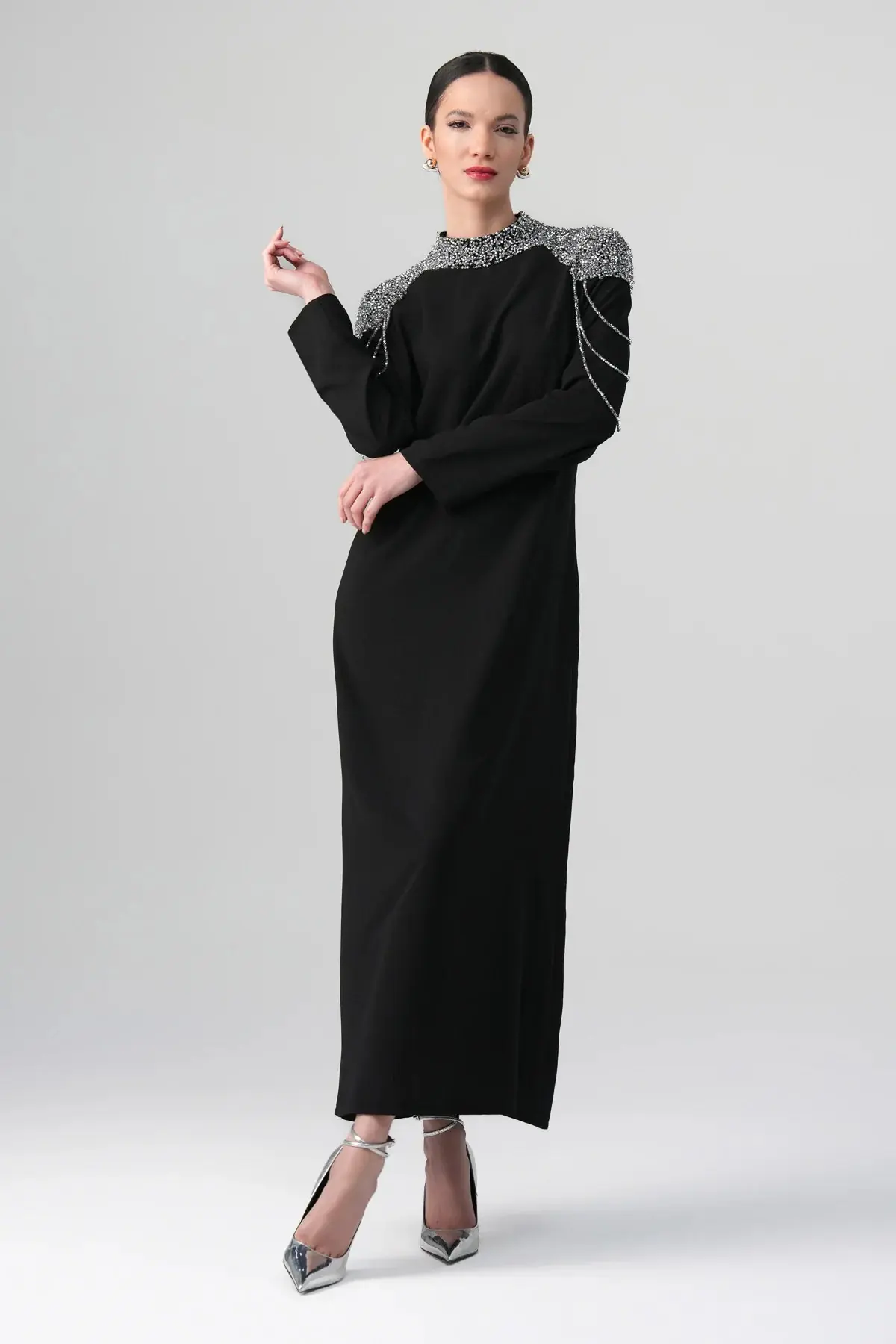 Mirella Crystal Draped Shoulder Dress – Black