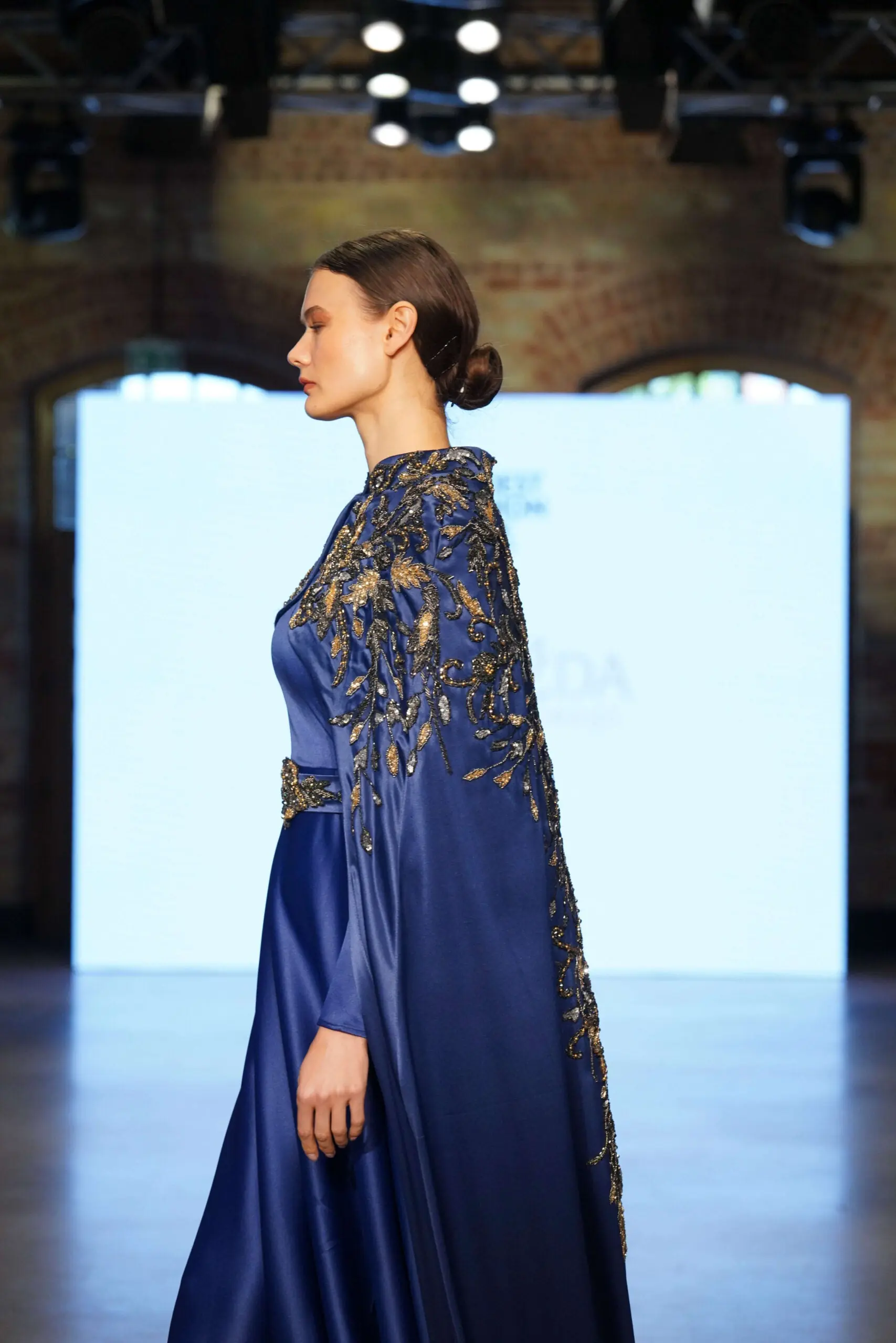 Silk Crescent Balcanian Embroidered Satin Gown – Navy, photo 3