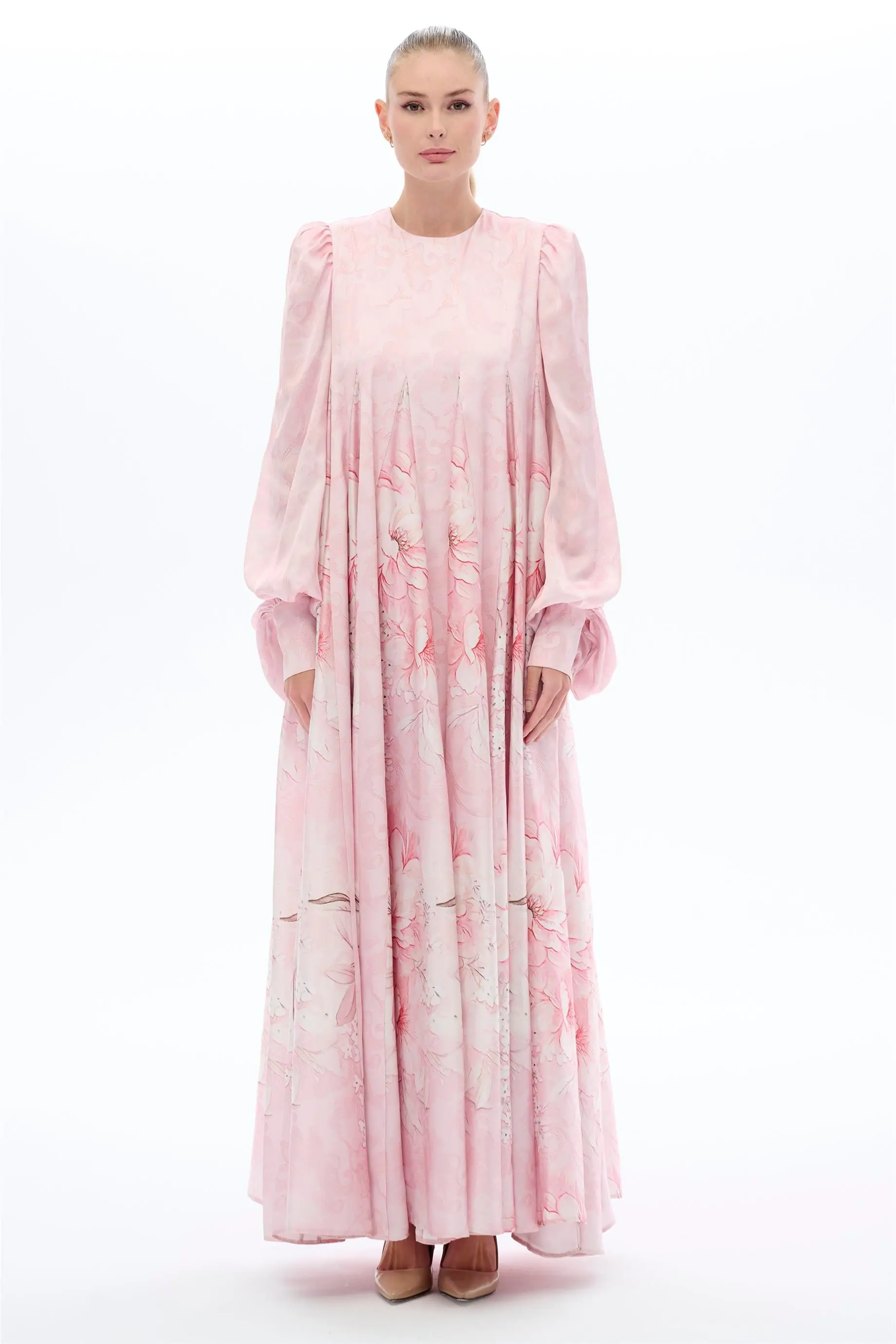 ARASI ÇİÇEK DESENLİ PARÇALI ELBİSE Pembe