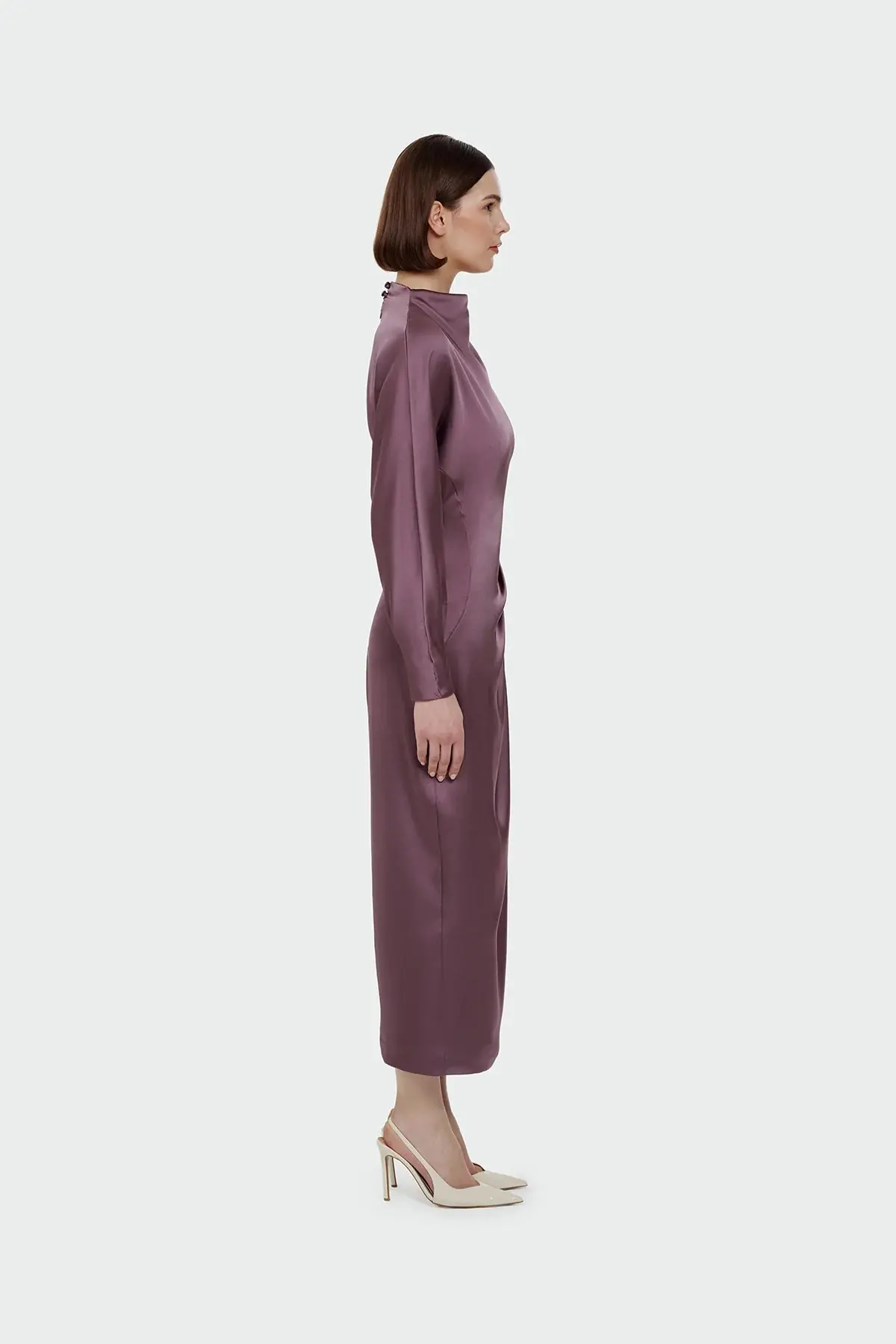 Ruched Waist Satin Midi Dress - Plum, photo 3