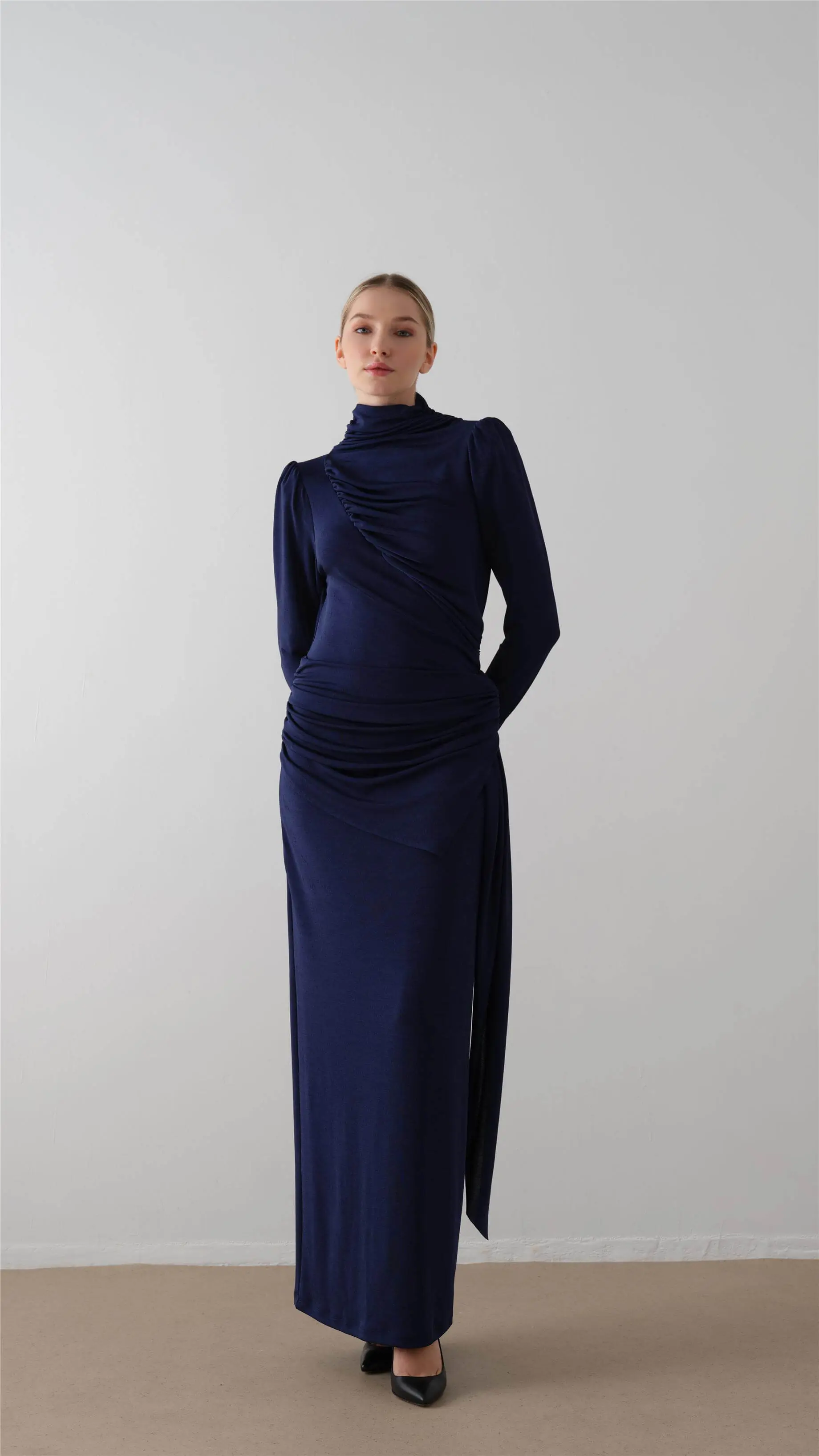 Ruched Turtleneck Dress – Navy, photo 2