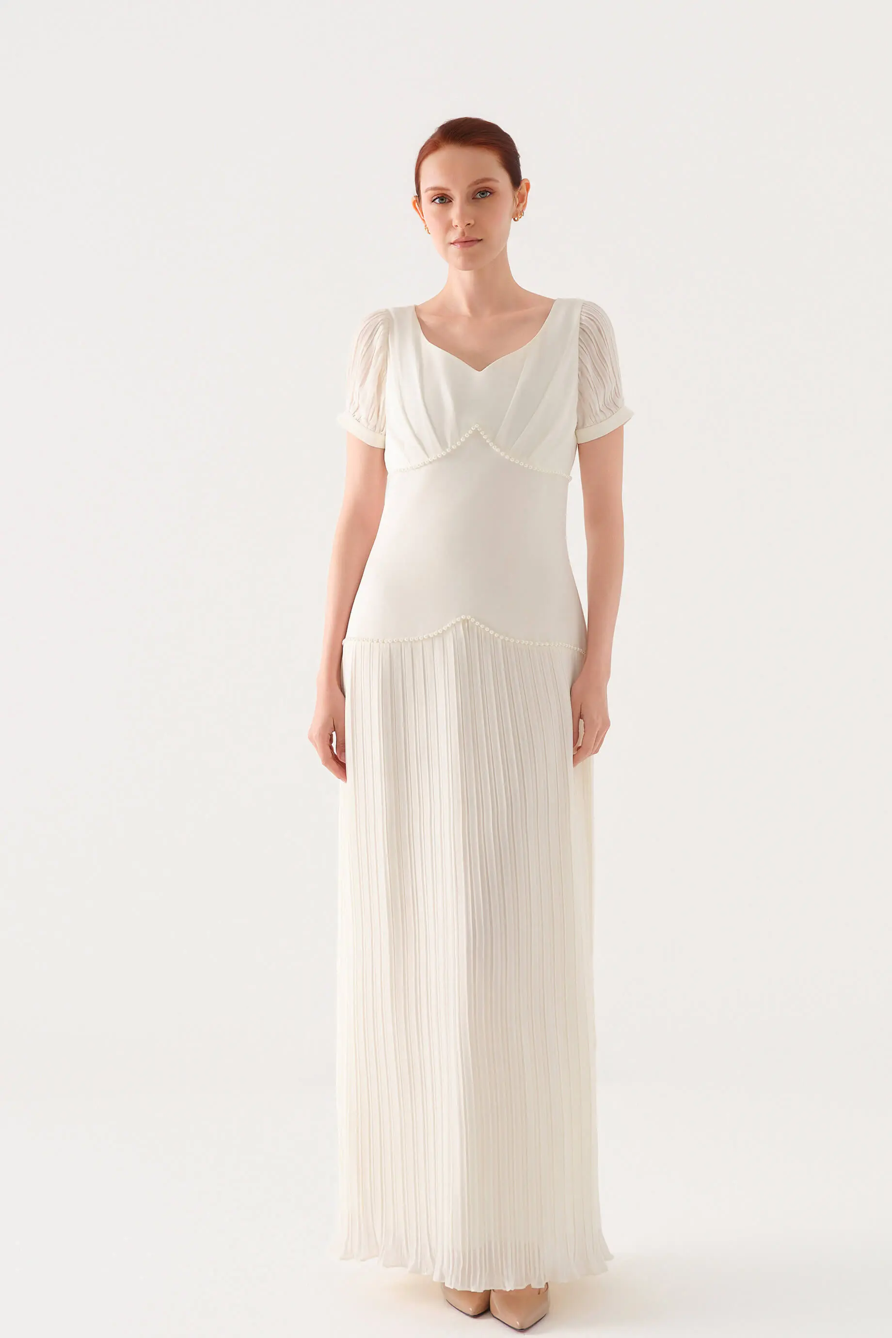 Embellished-Waist Pleated Chiffon Crepe Maxi Dress – Ecru, photo 6
