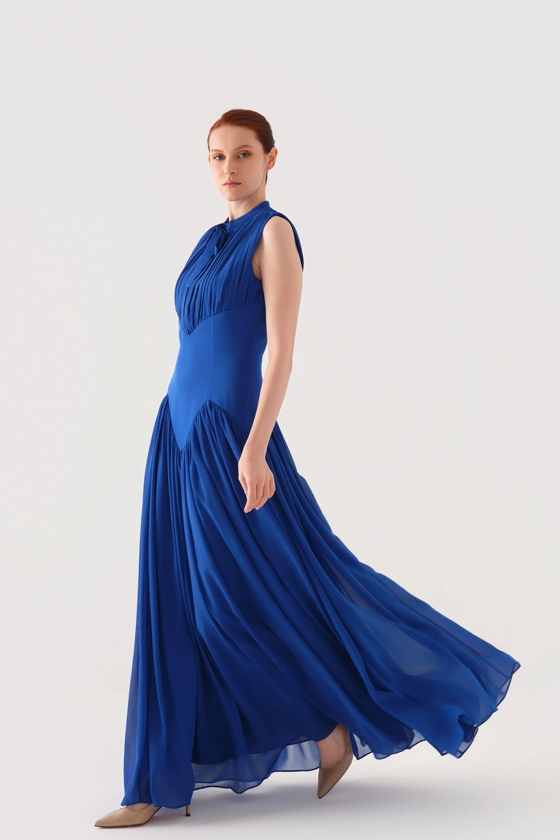 Sleeveless Bow-Neck Corset-Detail Chiffon Crepe Maxi Dress – Royal Blue, photo 2