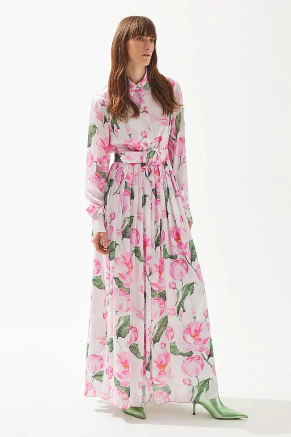Patterned Shirt-Collar Pleated Long Dress - Rose, photo 3