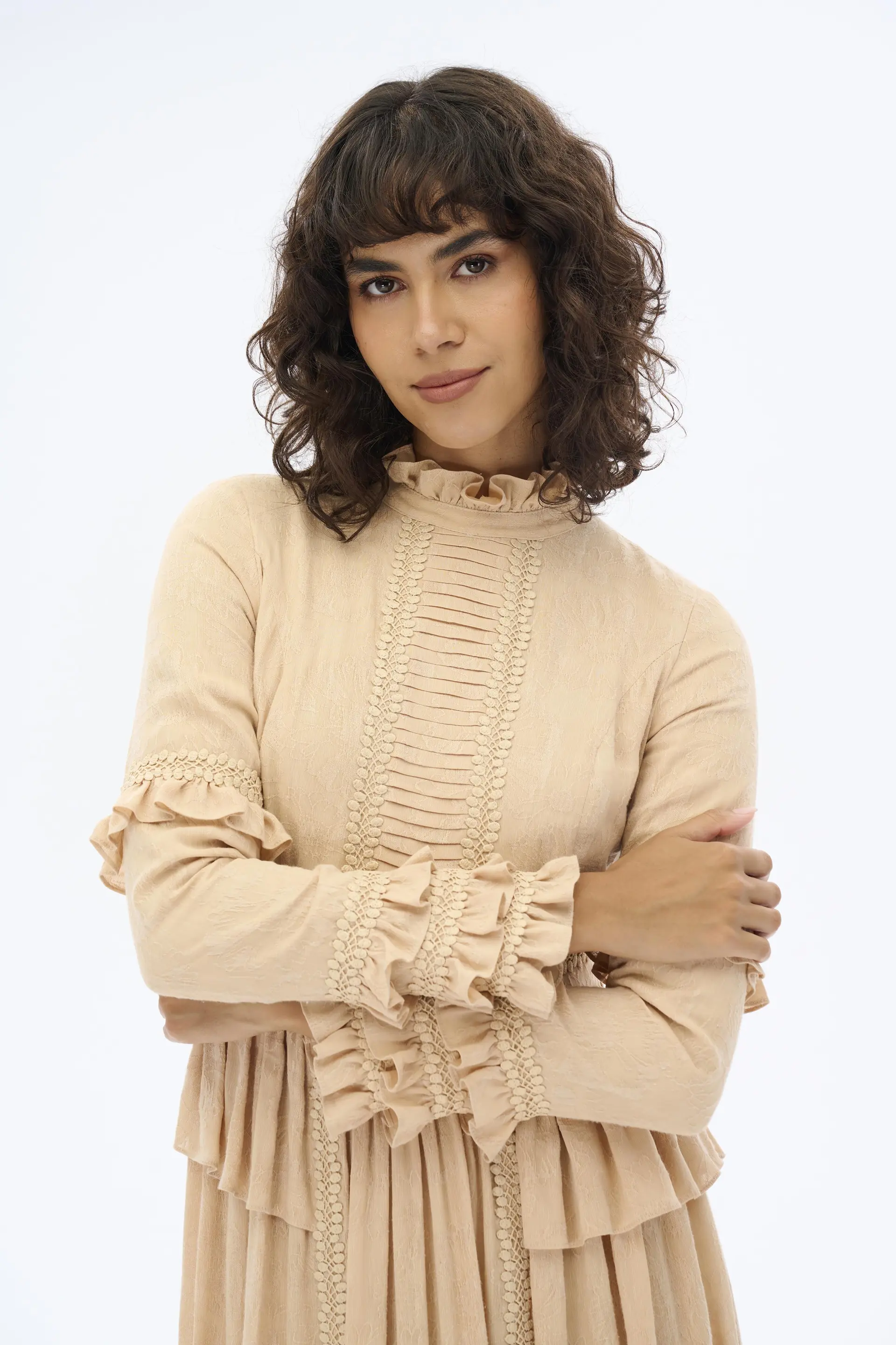 HAKİM YAKA DANTELLİ ELBİSE Bej, photo 2