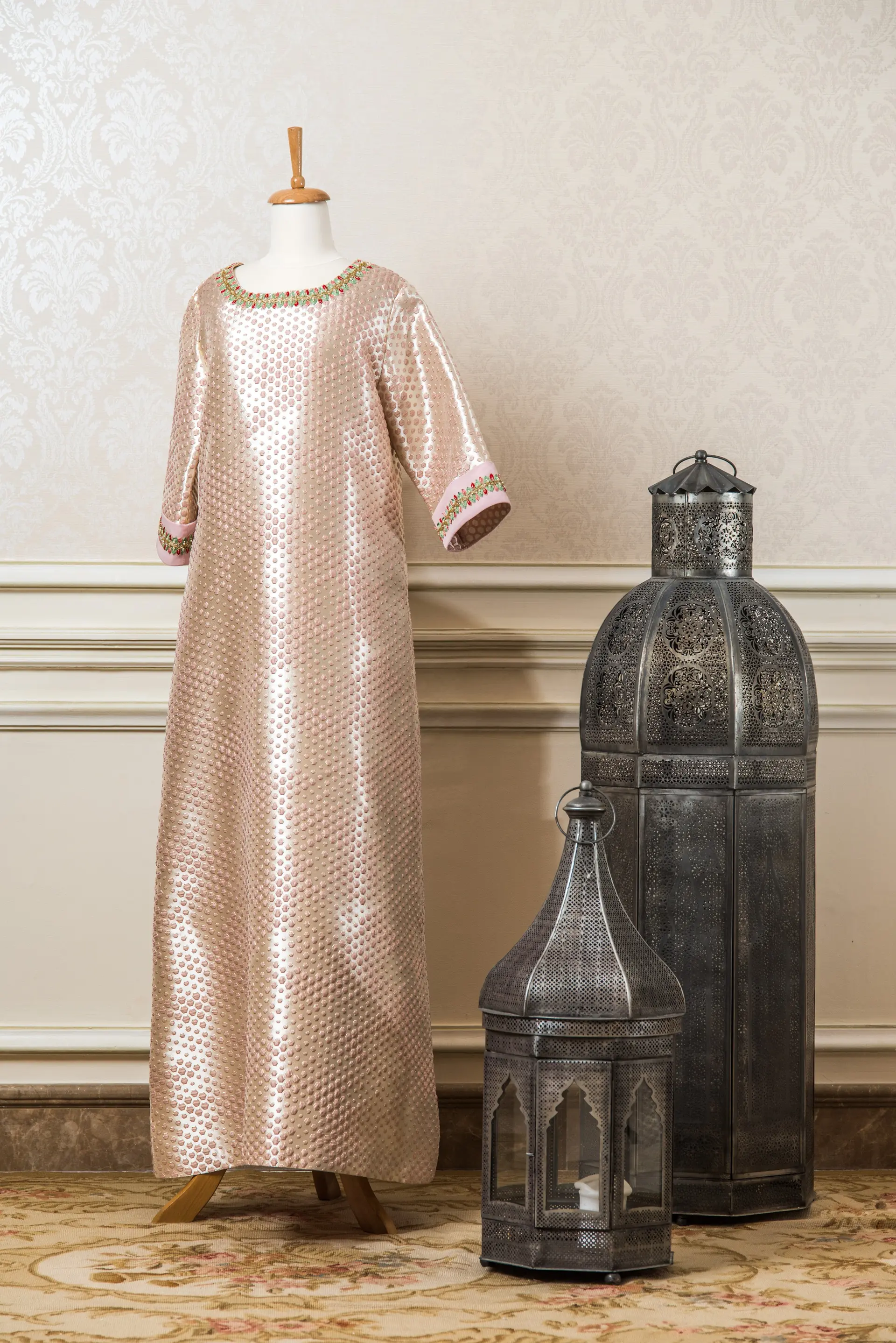 Pink Jacquard Silk Kaftan with Embroidery
