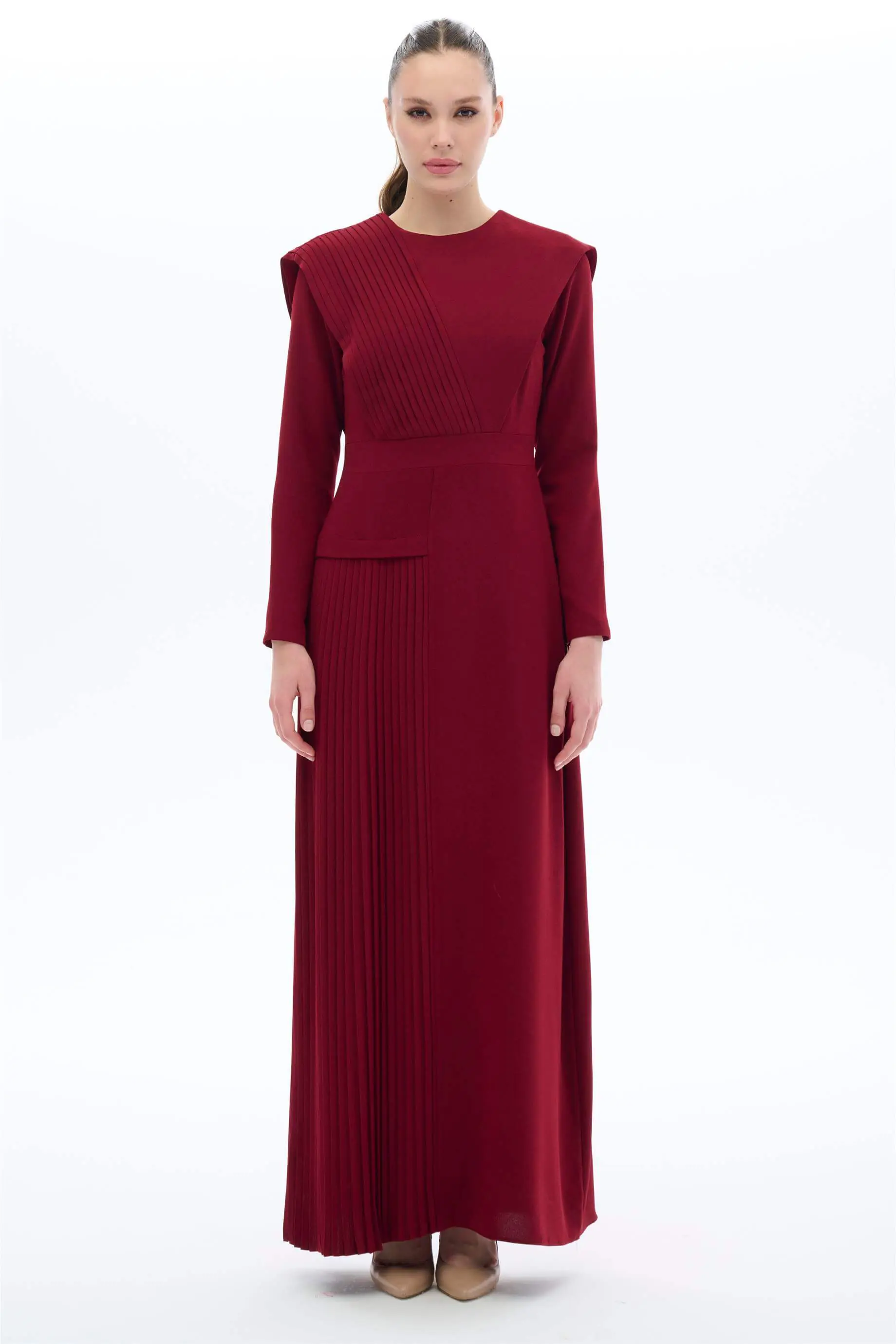 BORDO PİLELİ ELBİSE Bordo