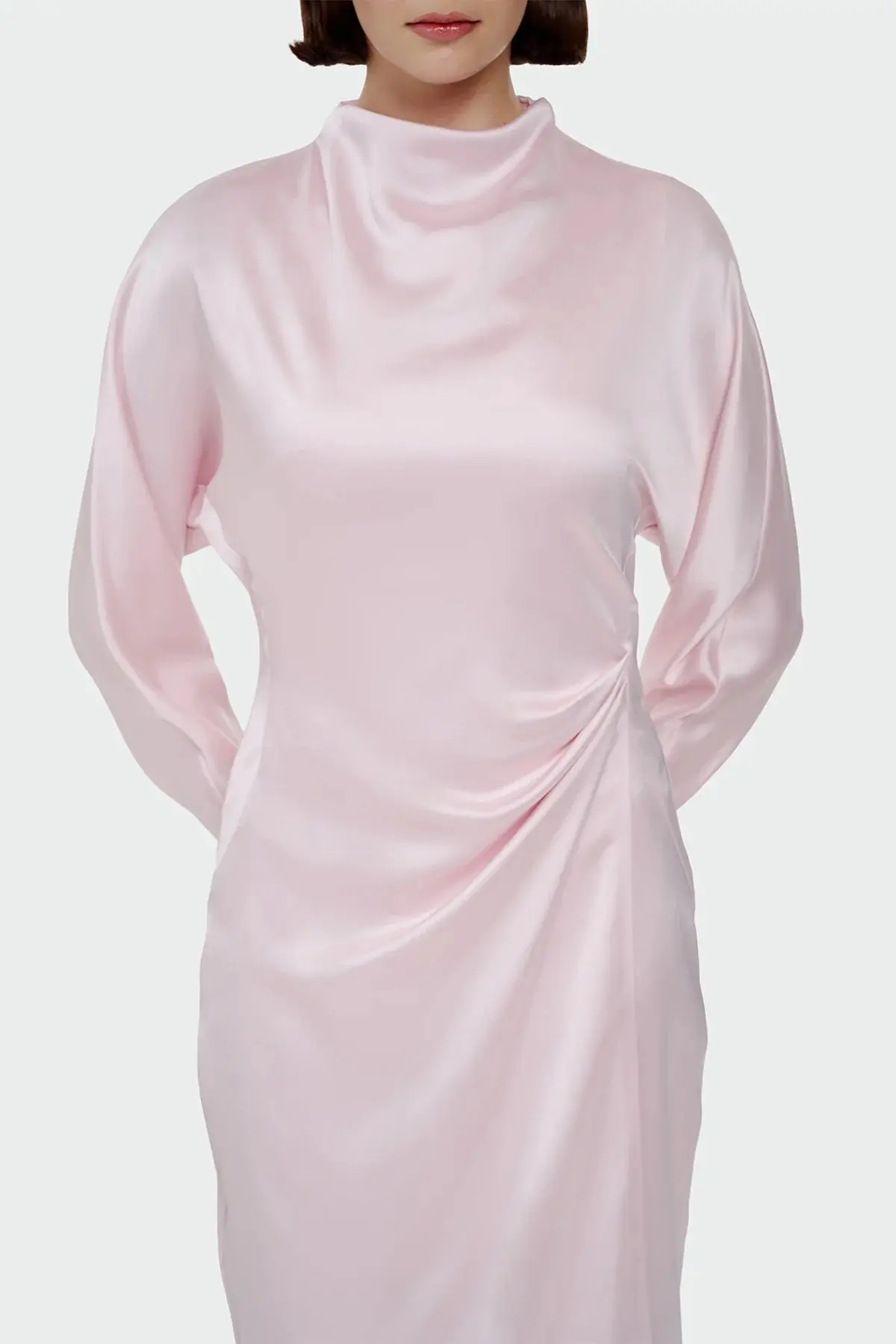 Ruched Waist Satin Midi Dress - Pink, photo 2