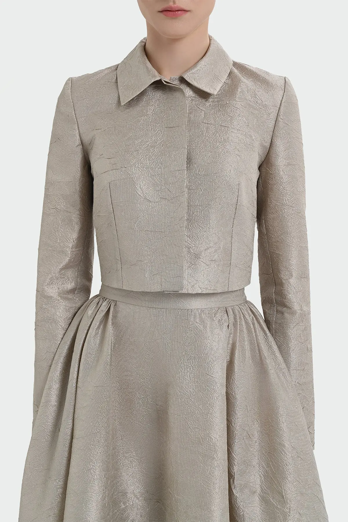 Shirt Collar Cropped Jacket & Skirt Set - Beige, photo 2