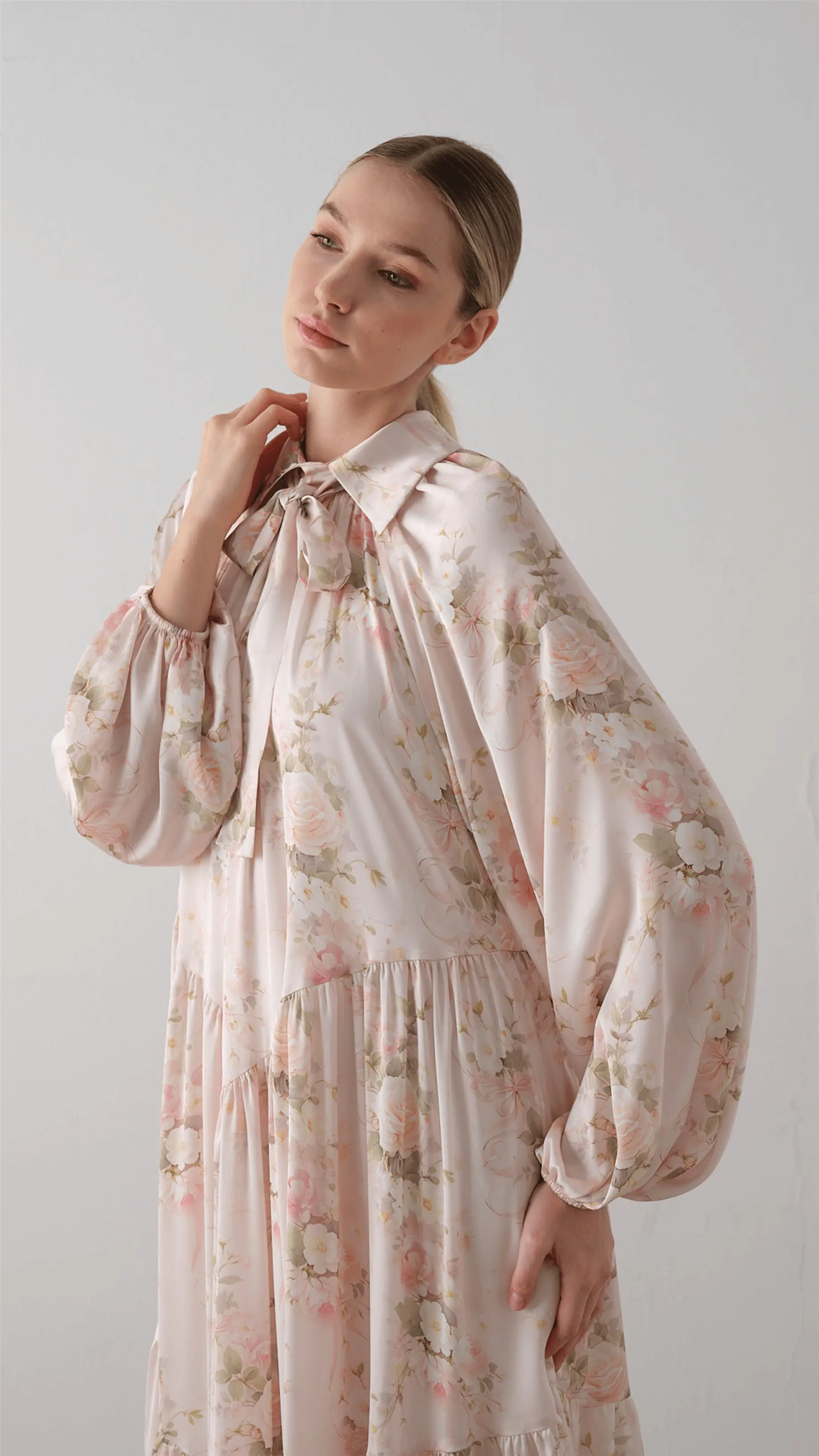 Bow Neck Chiffon Satin Dress – Pink, photo 8