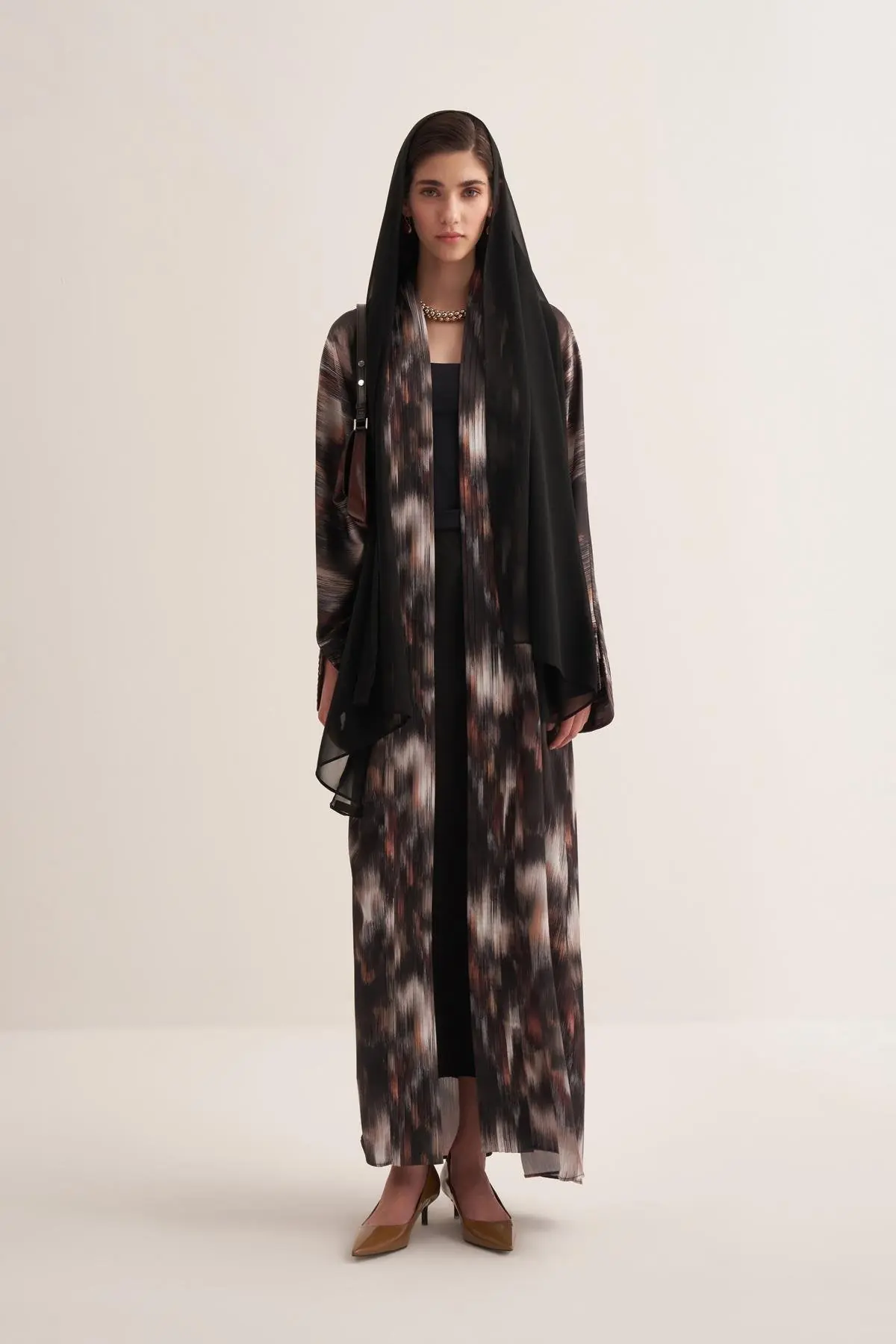 Julie Printed Brown Abaya with Matching Scarf