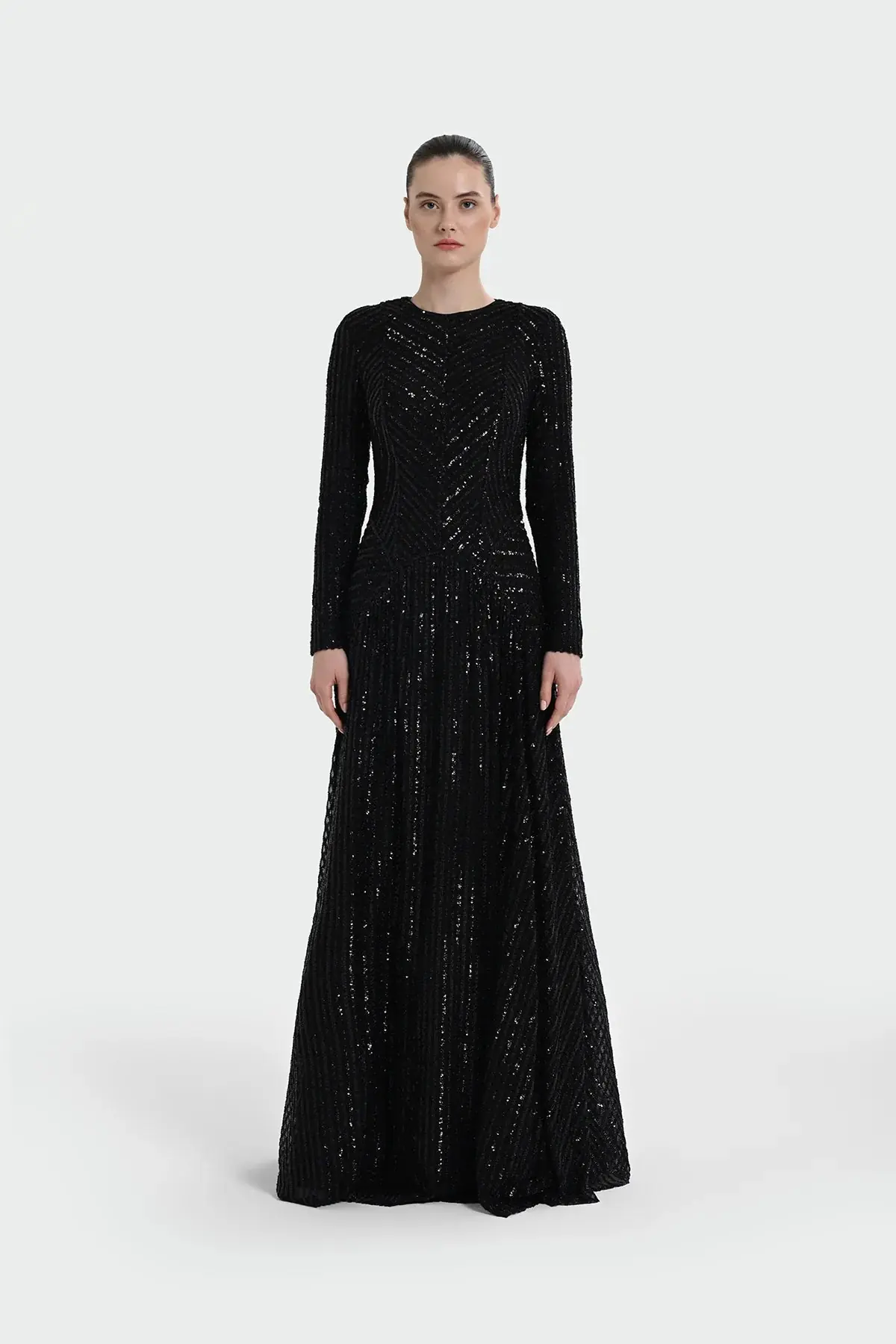 Chevron Sequin Evening Gown - Black