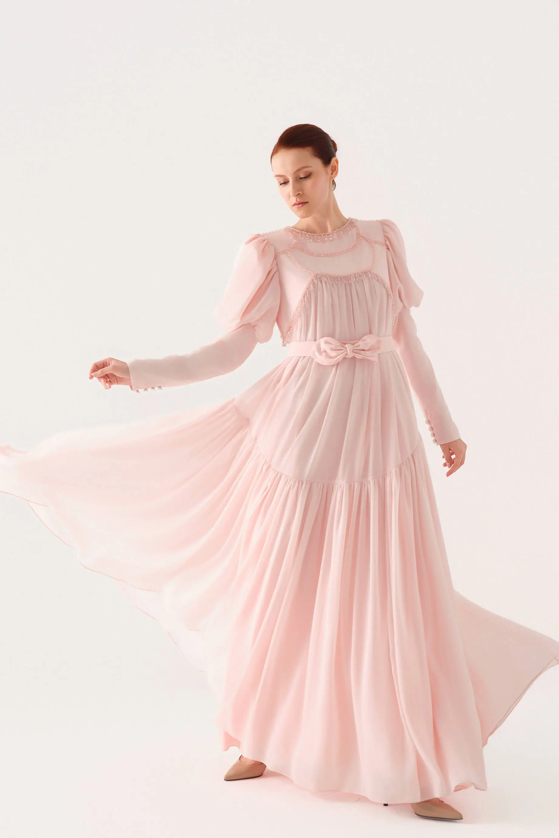Beaded-Bodice Chiffon Maxi Dress with Bow Belt – Salmon, photo 4