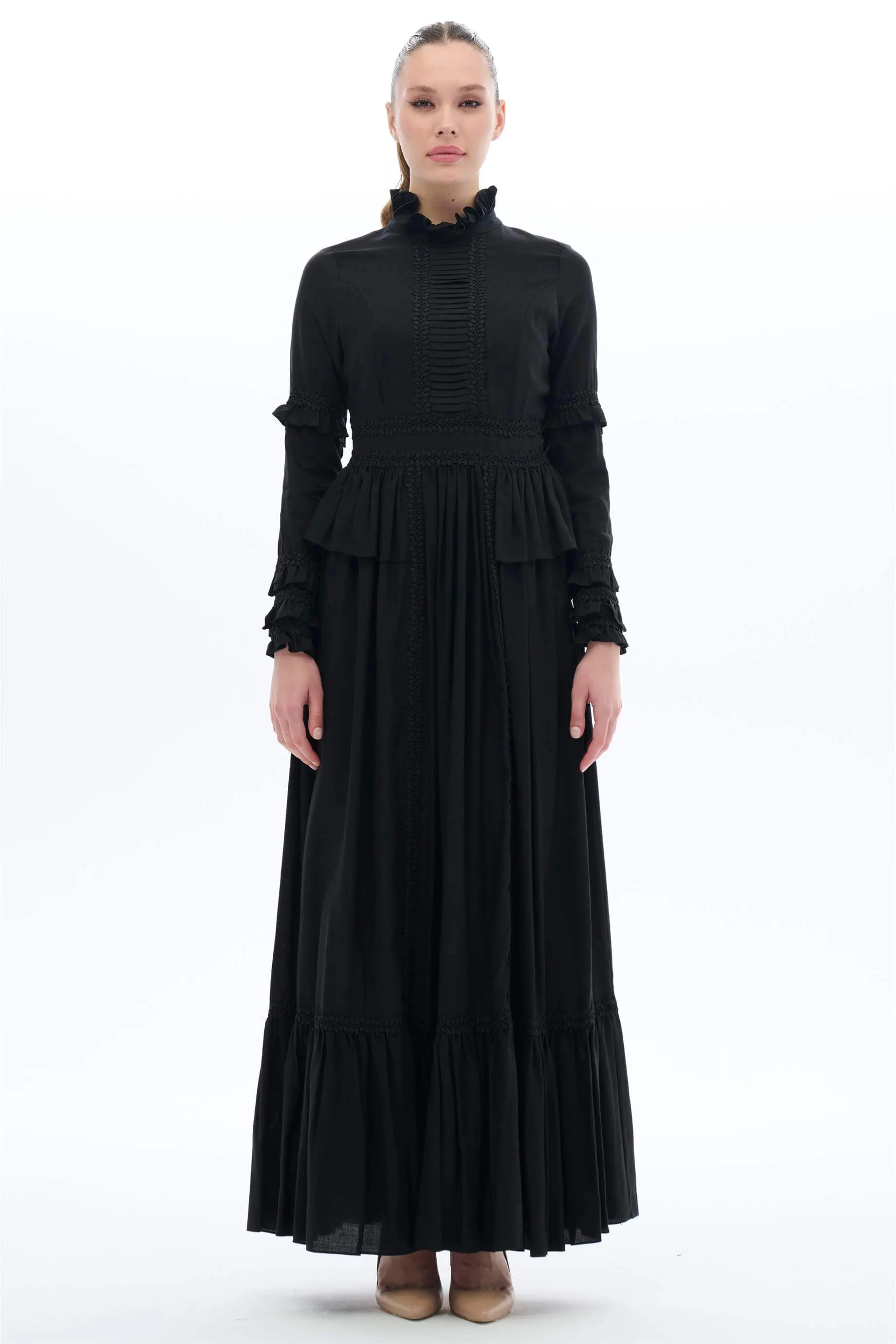 High-Neck Lace-Trimmed Maxi Dress - Black