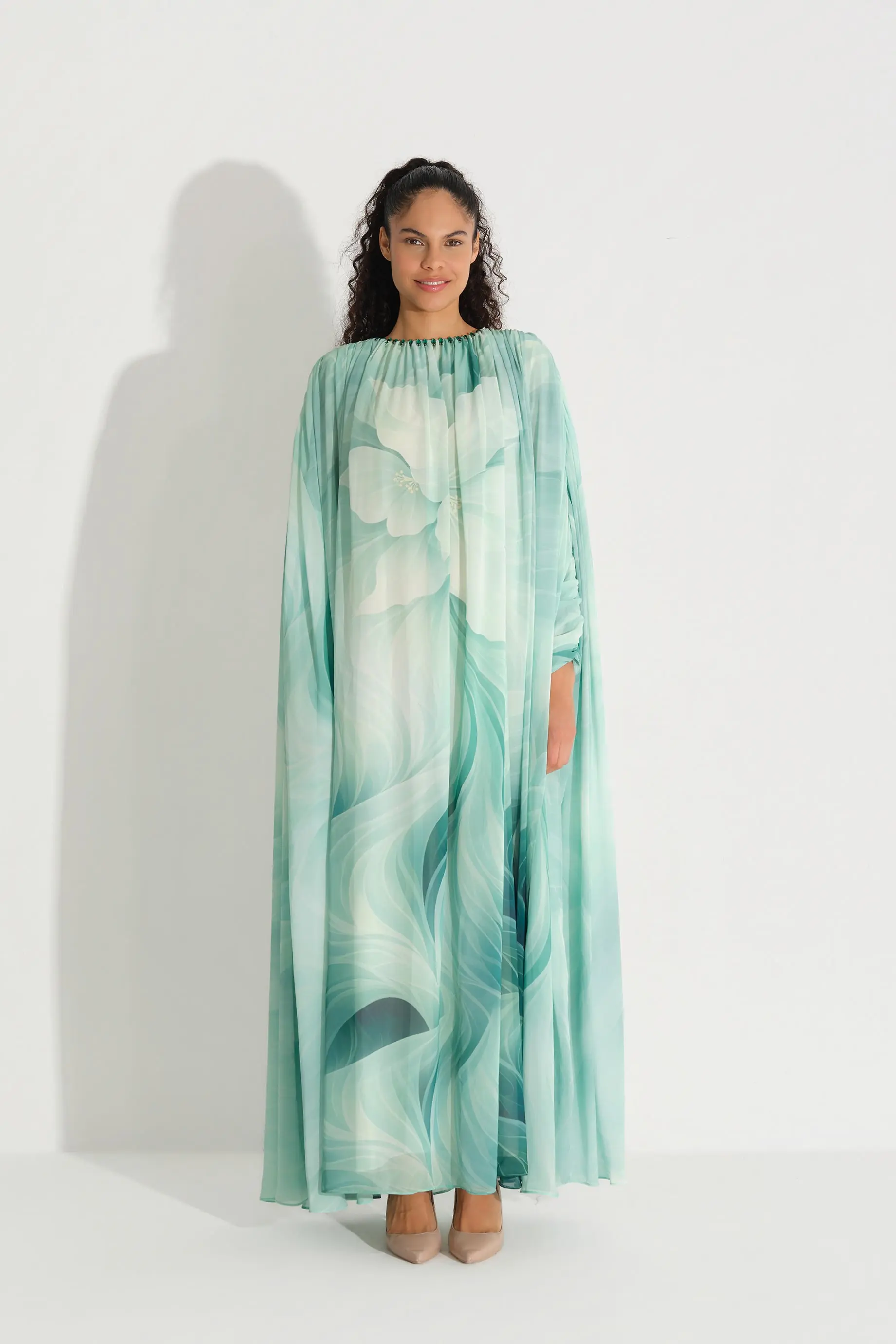 Panel Floral Print Chiffon Dress – Green