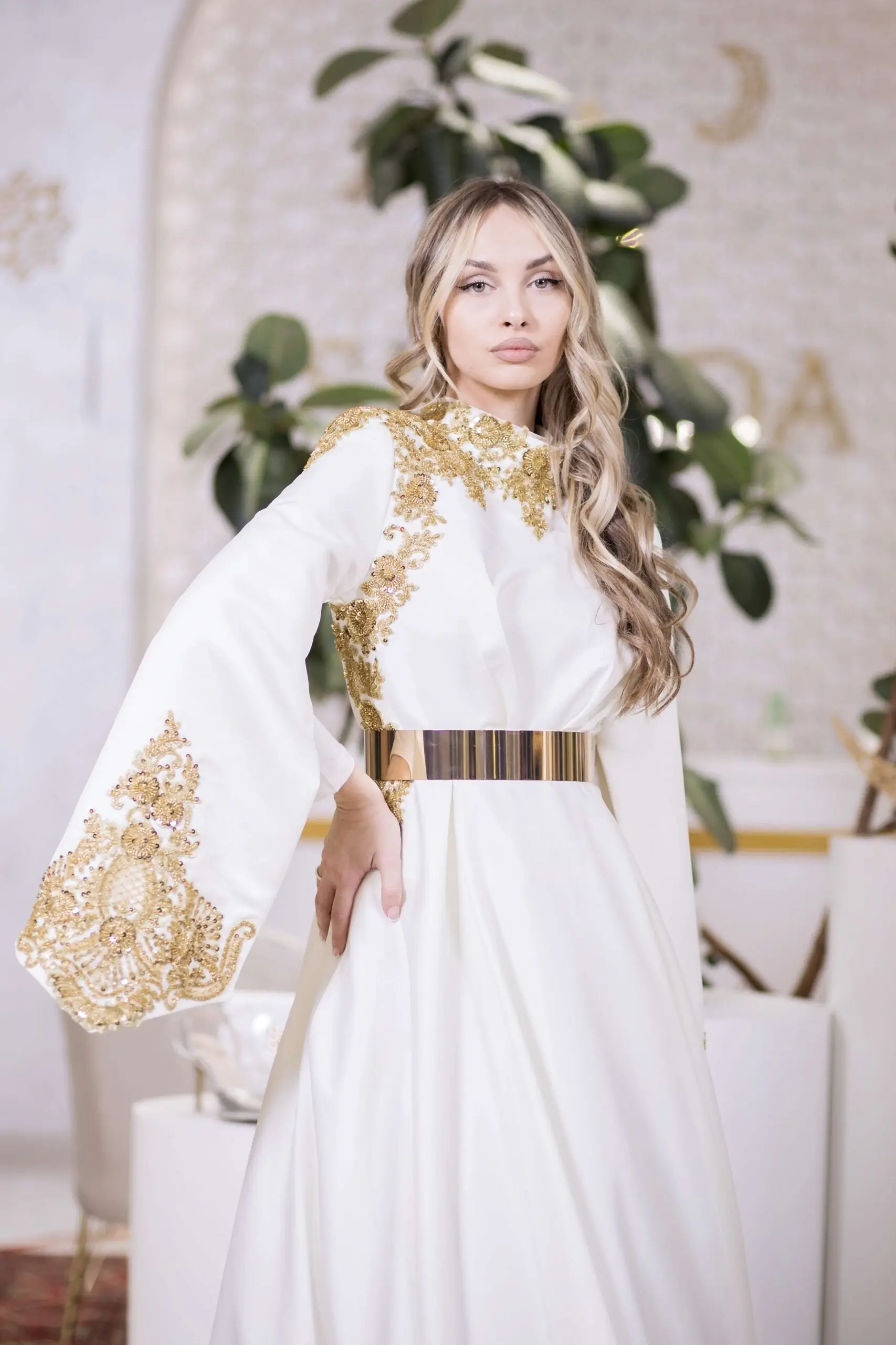Mystic Gold Embellished A-Line Gown – White, photo 2