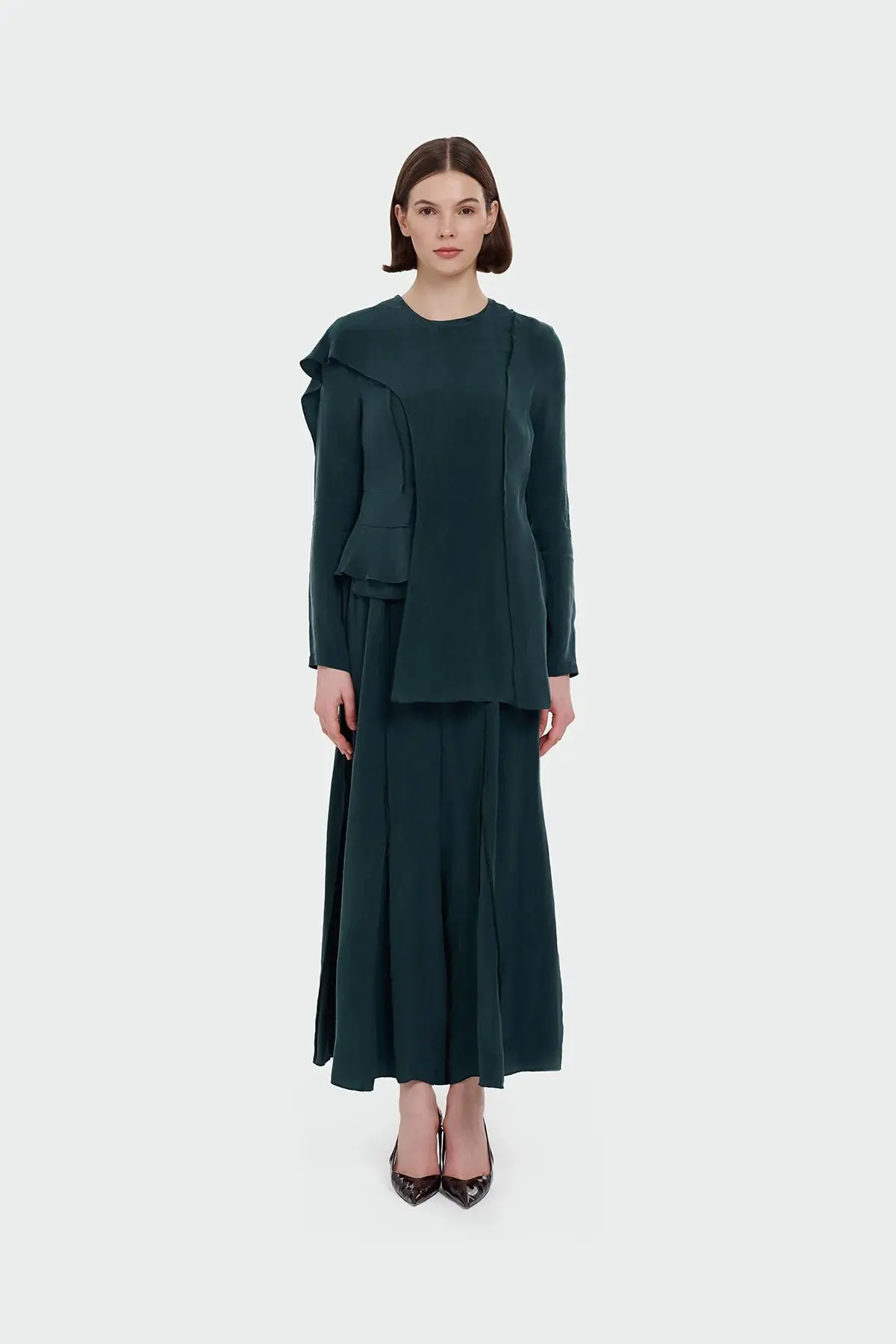 Asymmetric Draped Blouse & Wide-Leg Trouser Set - Emerald